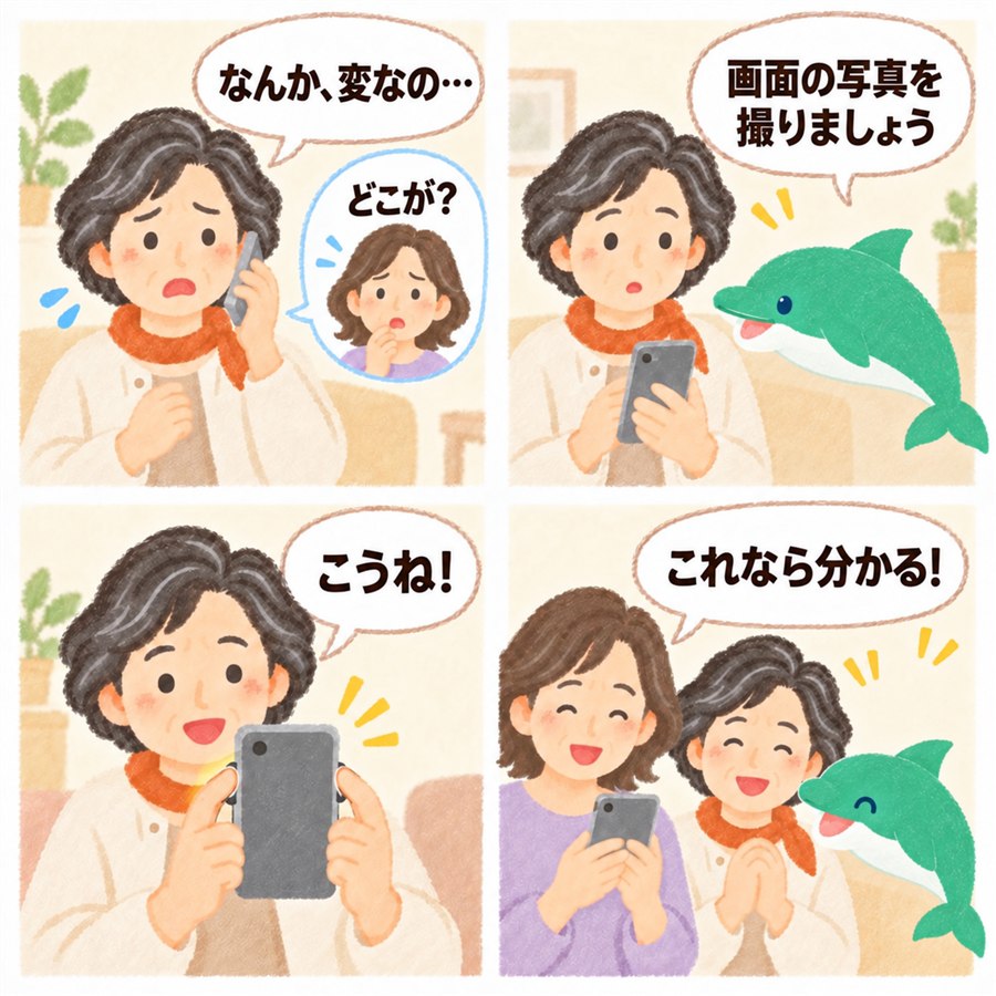 4コマ漫画。電話で「なんか、変なの…」と話すご相談の方に、娘が「どこが?」と困る。オトスマが「画面の写真を撮りましょう」とすすめ、ボタンを2つ押して撮る。写真を見た娘が「これなら分かる!」と笑顔になる。