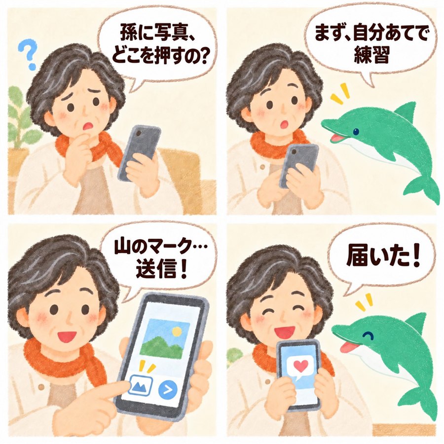 4コマ漫画。「孫に写真、どこを押すの?」と困るご相談の方に、オトスマが「まず、自分あてで練習」とすすめる。山の形の写真マークを押して送信し、ハートのスタンプが届いて「届いた!」と笑顔になる。