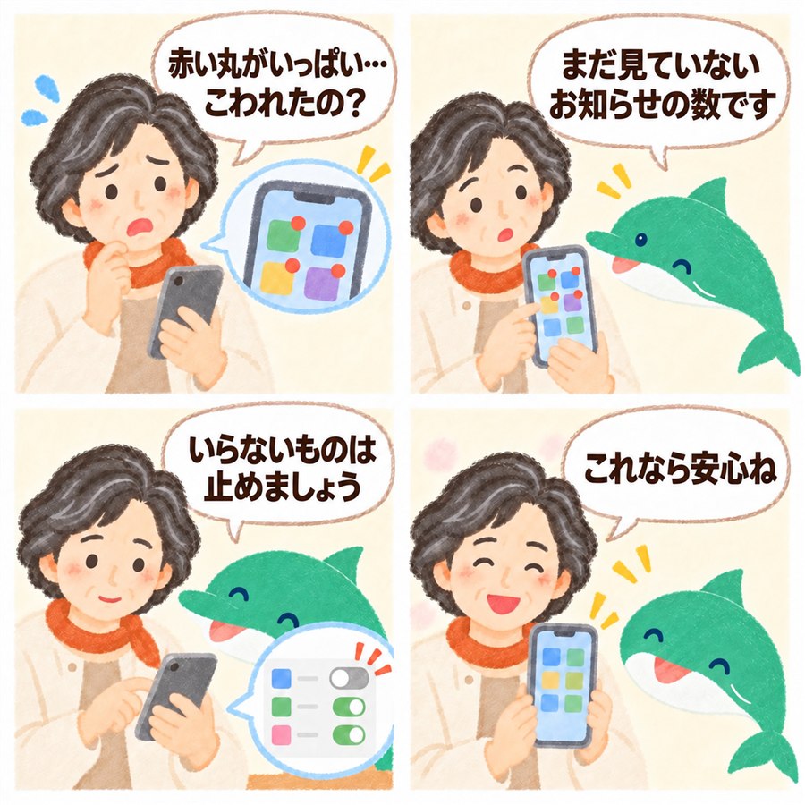 4コマ漫画。アプリの角の赤い丸を見て「こわれたの？」と心配するご相談の方に、オトスマが「まだ見ていないお知らせの数です」と教える。いらないお知らせを一緒に止め、すっきりした画面に「これなら安心ね」と笑顔になる。