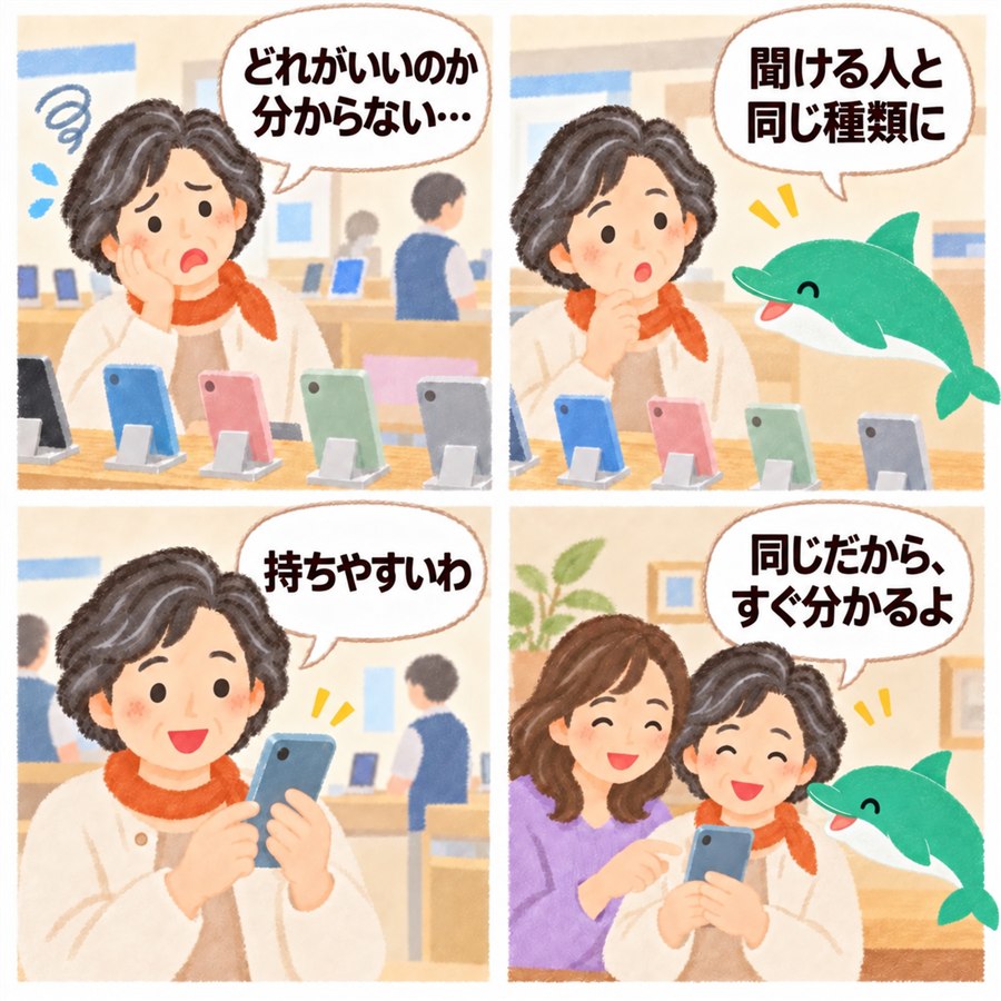 4コマ漫画。携帯電話のお店で「どれがいいのか分からない…」と困るご相談の方に、オトスマが「聞ける人と同じ種類に」とすすめる。手に持って「持ちやすいわ」と確かめ、家で娘に「同じだから、すぐ分かるよ」と教えてもらって笑顔になる。