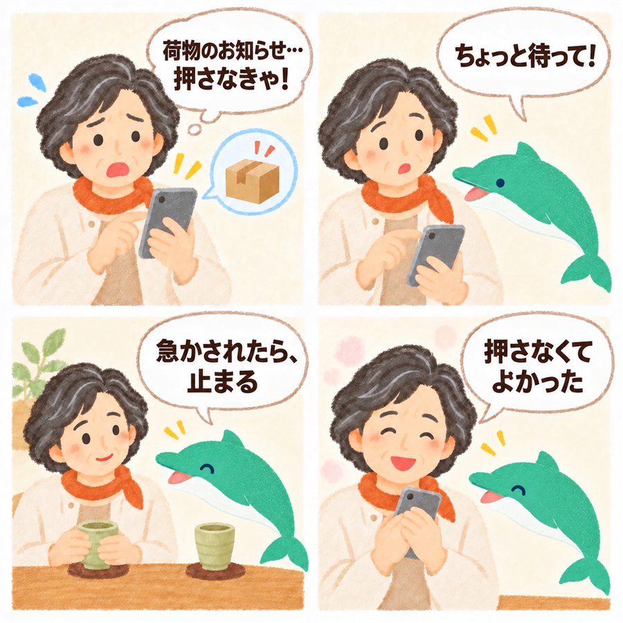 4コマ漫画。荷物のお知らせのメッセージを押そうとしたご相談の方を、イルカのオトスマが「ちょっと待って！」と止める。2人でお茶を飲みながら「急かされたら、止まる」と話し、最後に「押さなくてよかった」と笑顔になる。