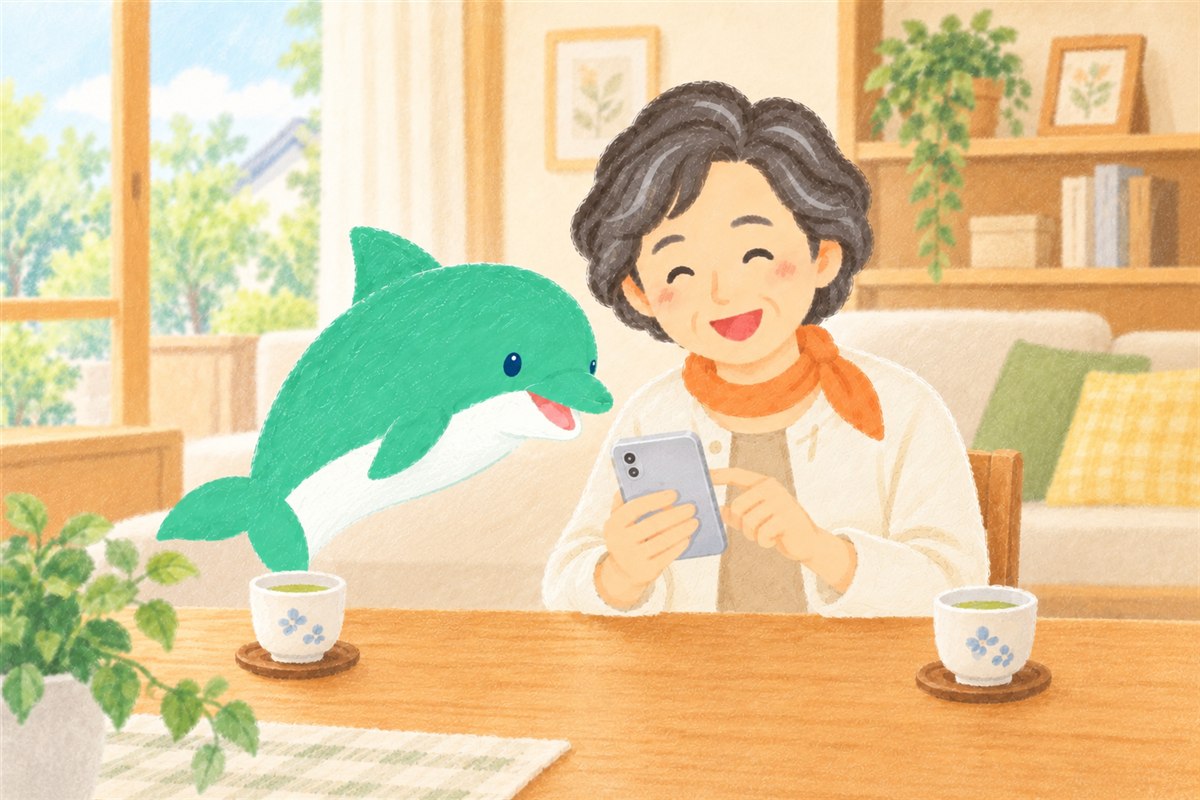 クレヨン風のイラスト。居間のテーブルで、オレンジのスカーフのシニアの女性が自分の指でスマホを押し、となりに座ったイルカのオトスマが画面を指している。女性は「わかった」という笑顔。