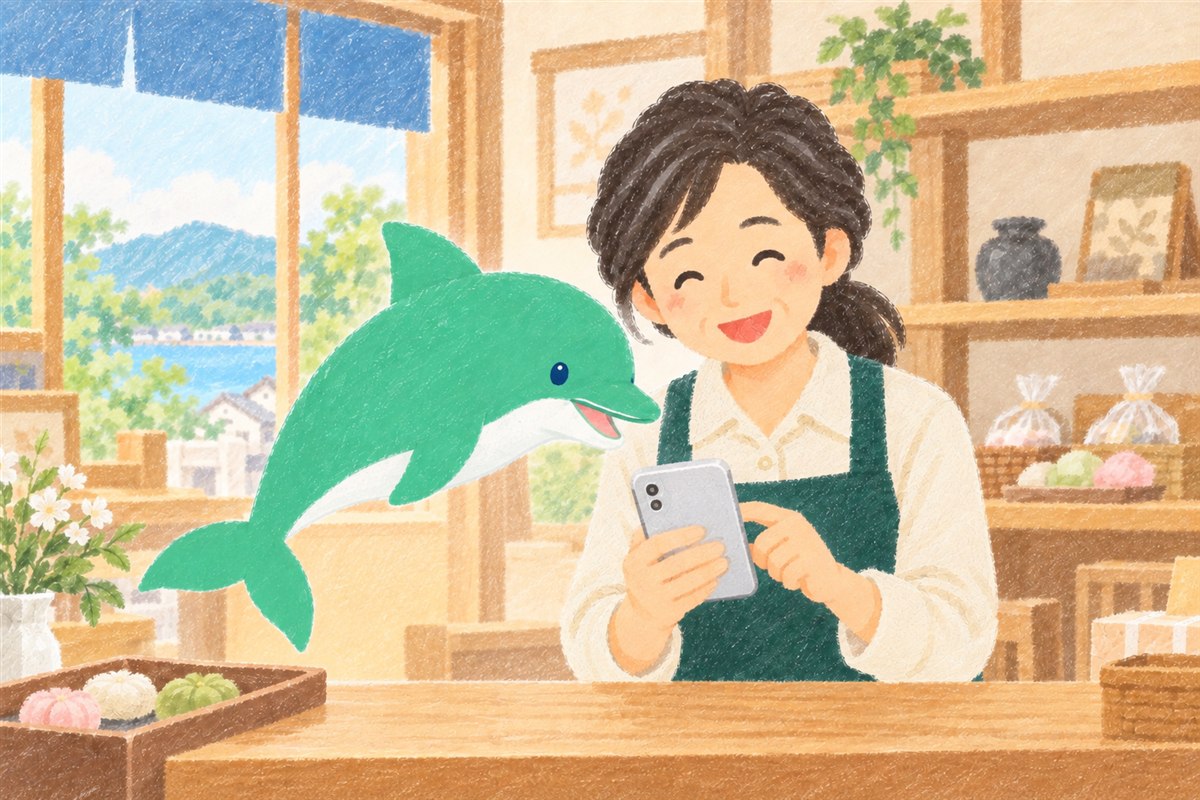 クレヨン風のイラスト。お店のカウンターで、エプロン姿のお店の女性とイルカのオトスマが横に並び、1台のスマホを一緒にのぞきこんで笑っている。