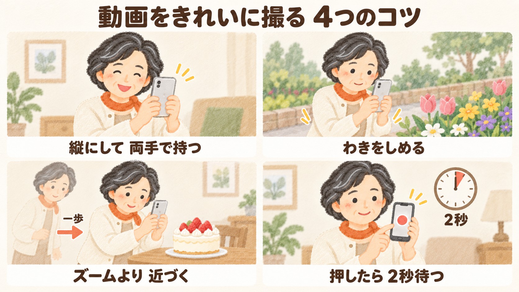 動画をきれいに撮る4つのコツ。縦にして両手で持つ、わきをしめる、ズームより近づく、押したら2秒待つ