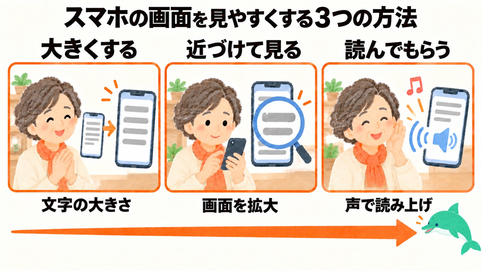 スマホの画面を見やすくする3つの方法。大きくする(文字の大きさ)、近づけて見る(画面を拡大)、読んでもらう(声で読み上げ)の3つを並べ、年配の女性とイルカのオトスマが描かれた図