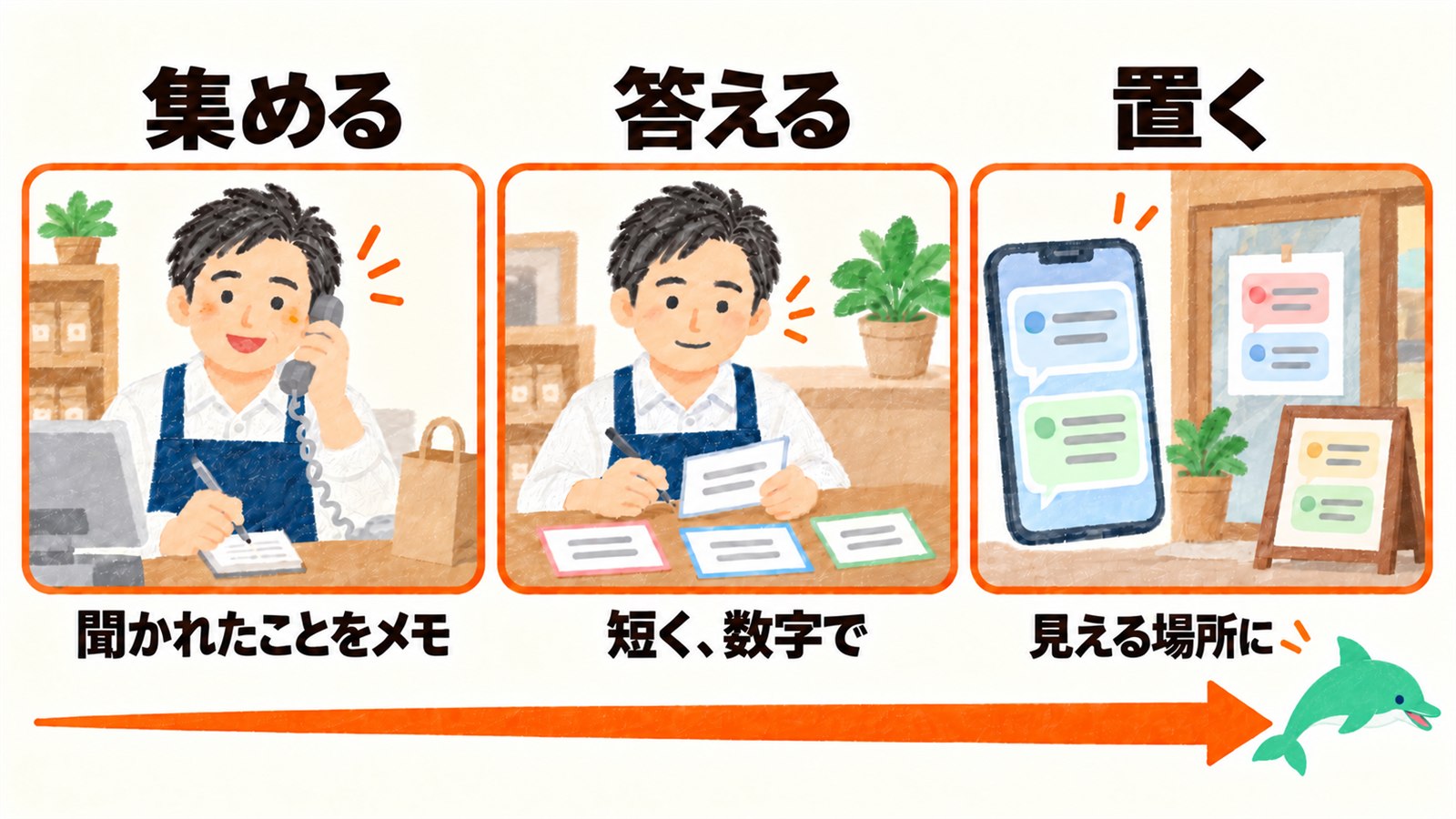 お店のよくある質問の作り方。聞かれたことをメモして集める、短く数字で答える、ホームページ・LINE・店頭など見える場所に置く、の3つを並べ、イルカのオトスマが案内している図