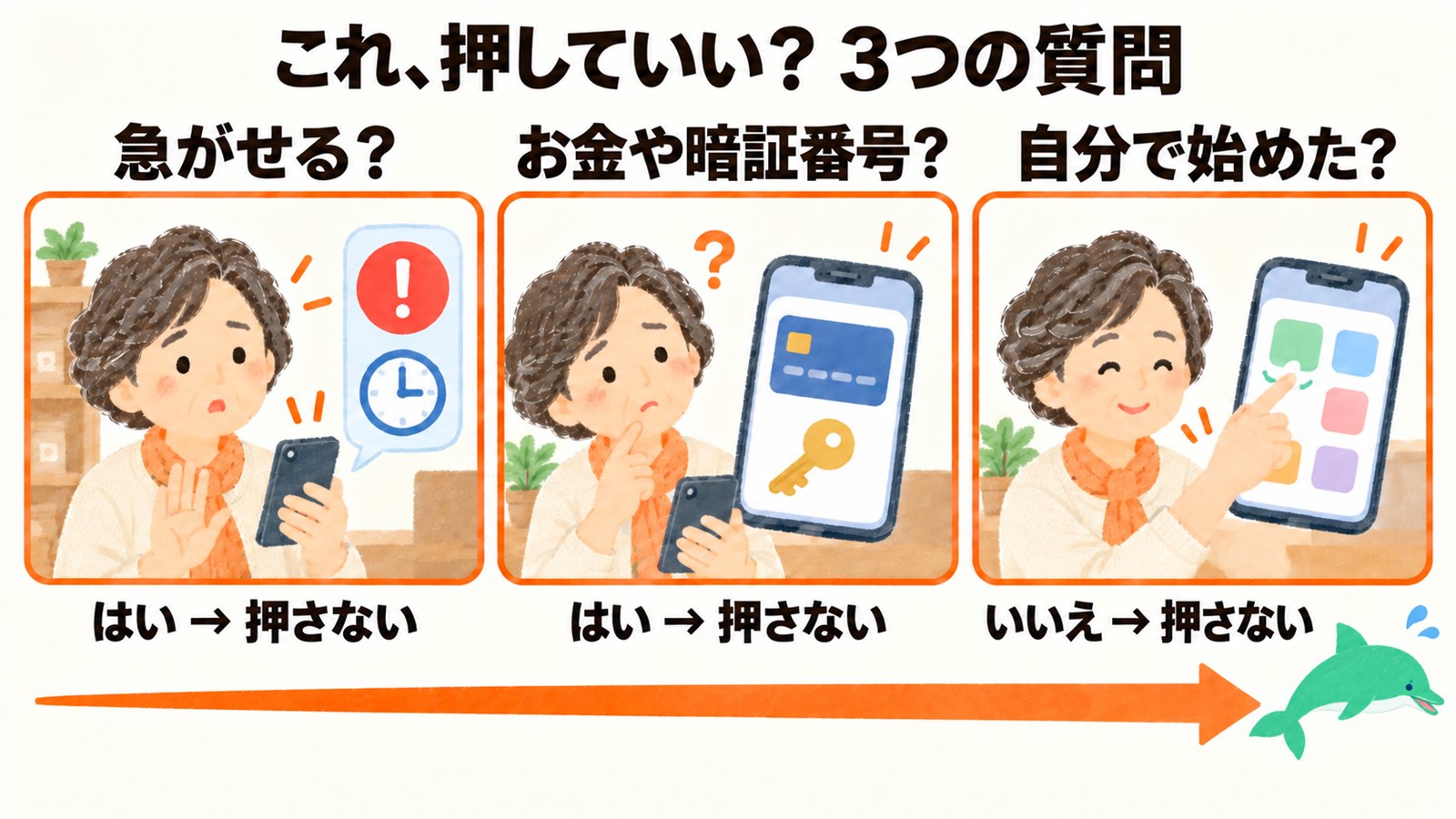 これ、押していい? 3つの質問。急がせる? はいなら押さない。お金や暗証番号? はいなら押さない。自分で始めた? いいえなら押さない。年配の女性がスマホを見て考え、イルカのオトスマが心配そうに見守っている図