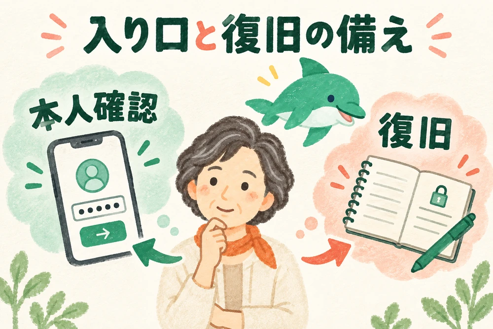 女性が公式の入り口からアカウントを確認し、本人確認と復旧の備えを別々に考える場面。