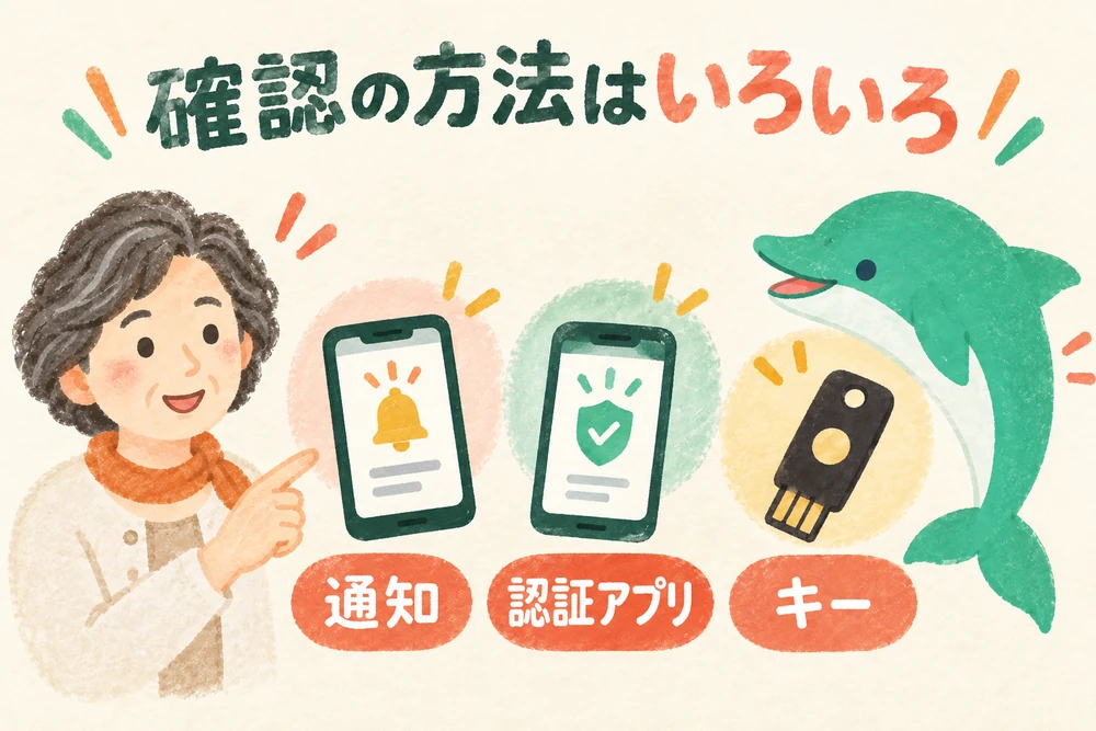 端末への通知、認証アプリ、セキュリティキーなど、追加の本人確認に複数の方法があることを示す場面。