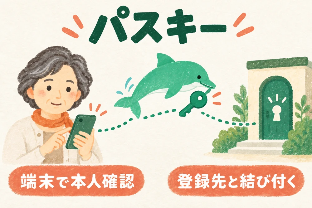 端末で本人を確認する女性と、本物の登録先に結び付く鍵を示す説明図。