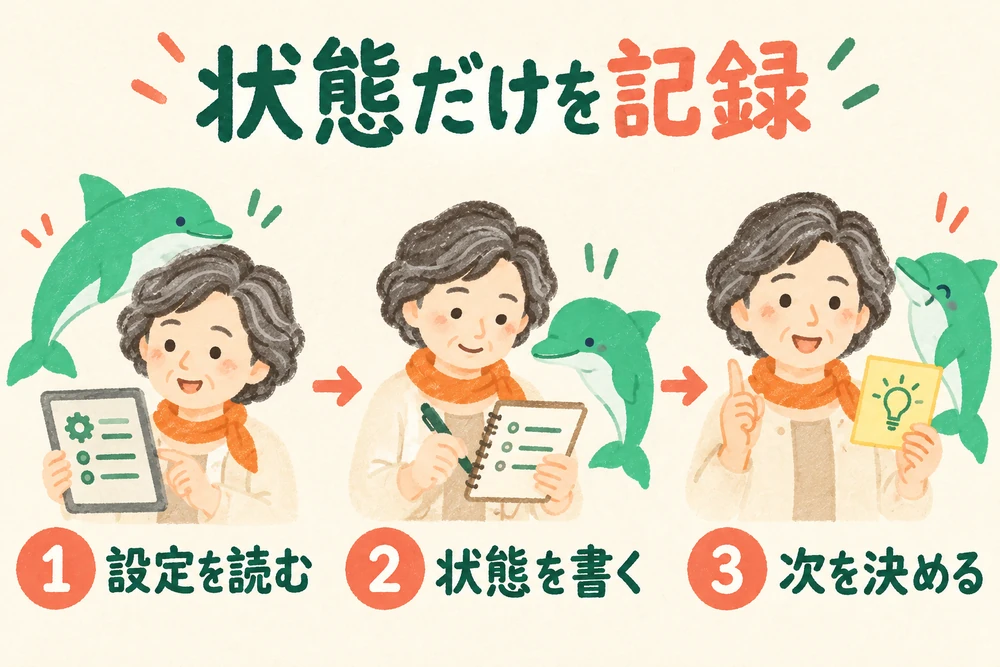 公式設定を開く、状態だけ記録する、次の確認を一つ決めるという練習の流れ。