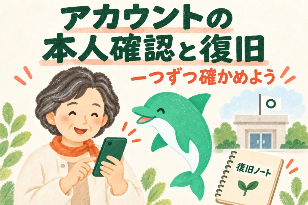 アカウントの本人確認と復旧を、女性と緑のイルカが一つずつ確かめる表紙