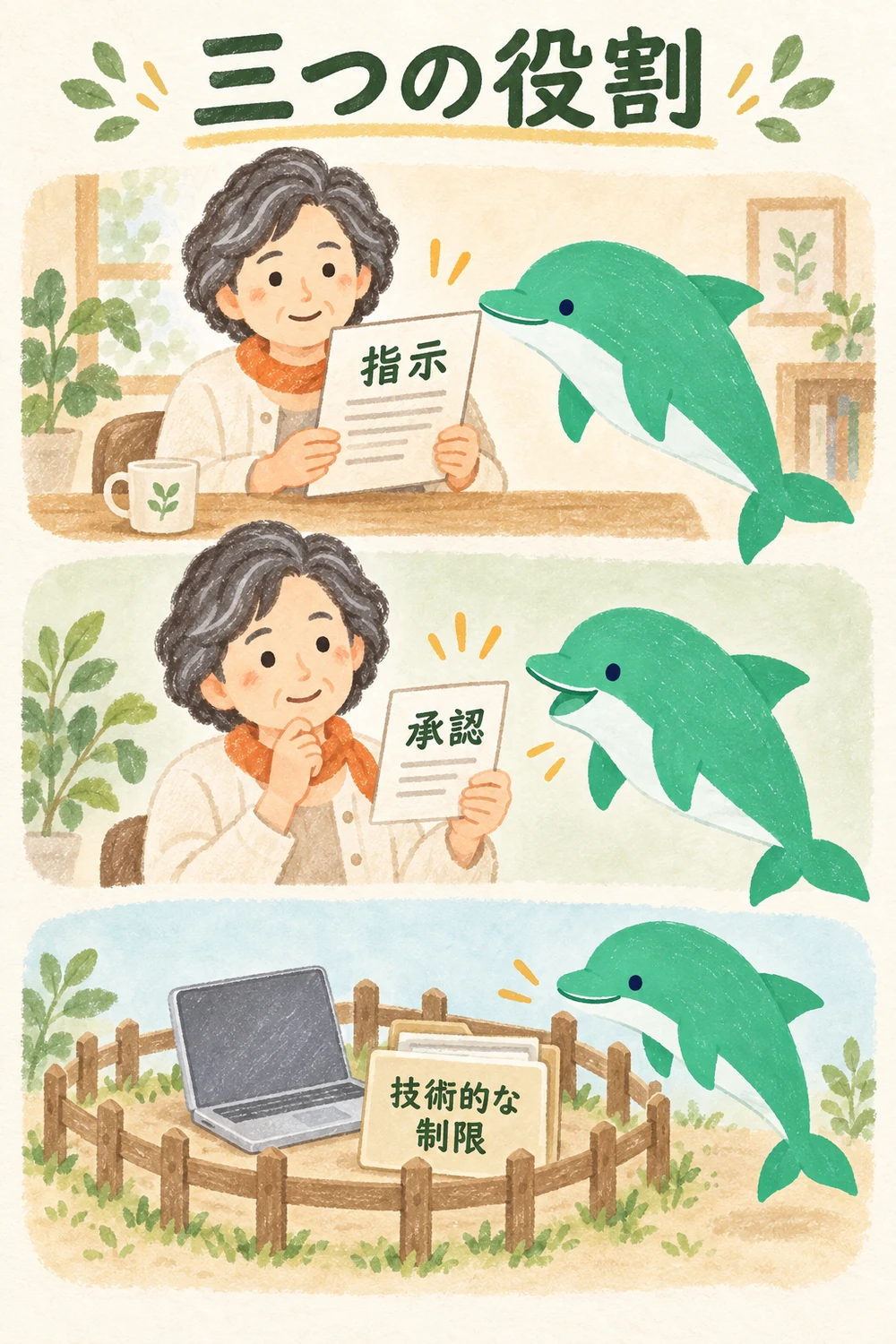 依頼書・確認の札・操作範囲の柵を分けて見る女性と緑のイルカ
