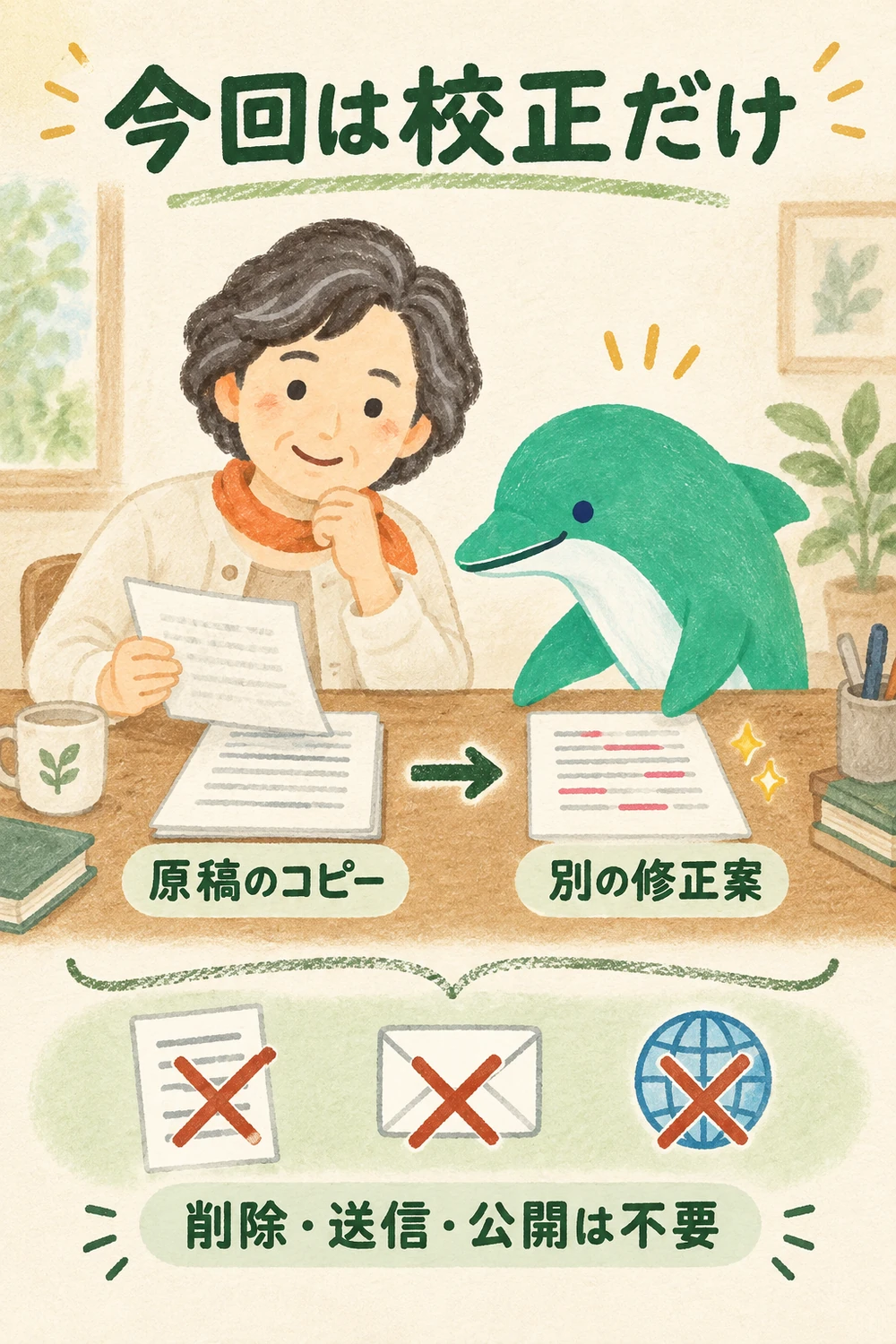 原稿のコピーから別の修正案を作り、原本・メール・公開には触れない範囲を示す場面
