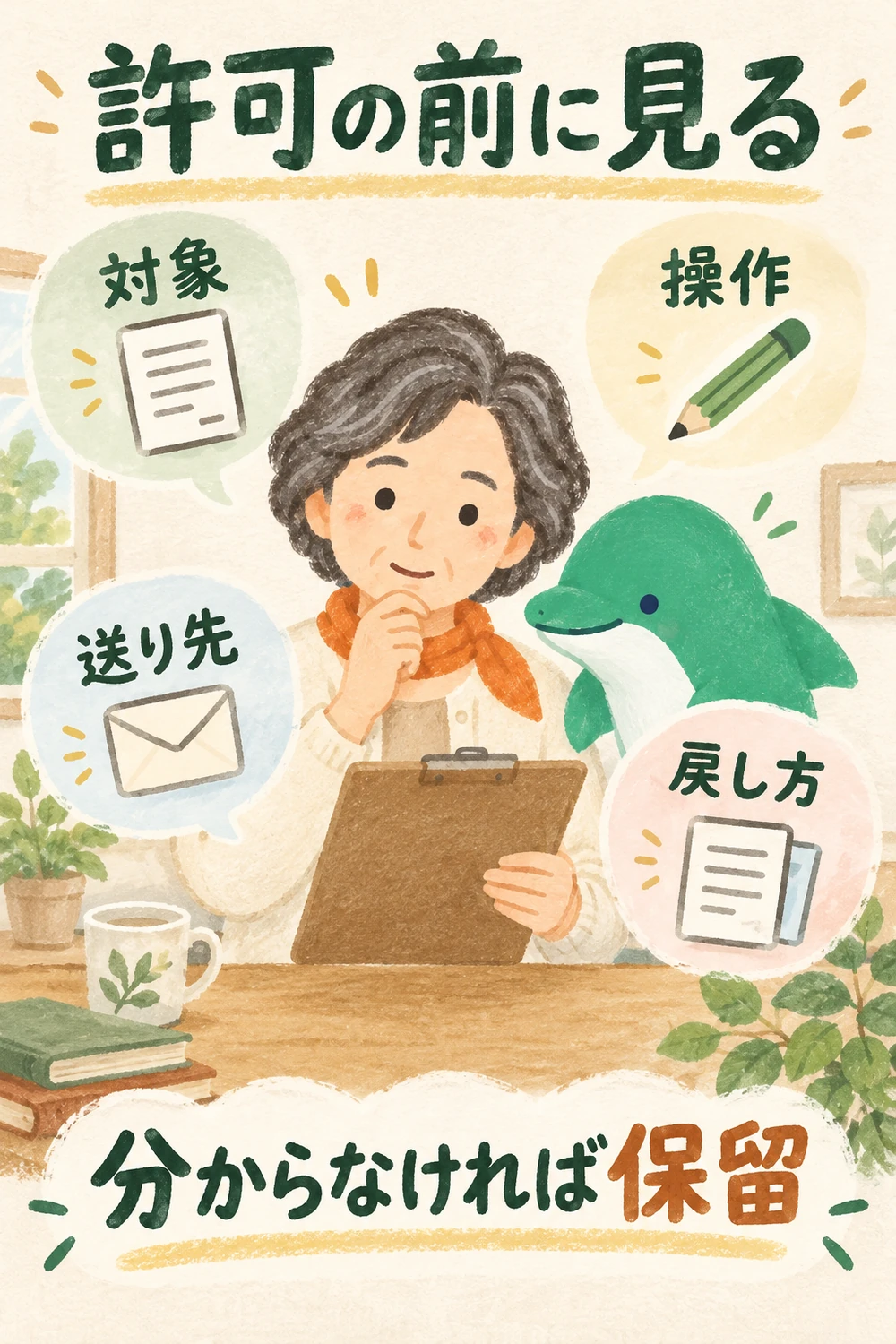 承認する前に対象・操作・送り先・戻し方の四つを確認する場面