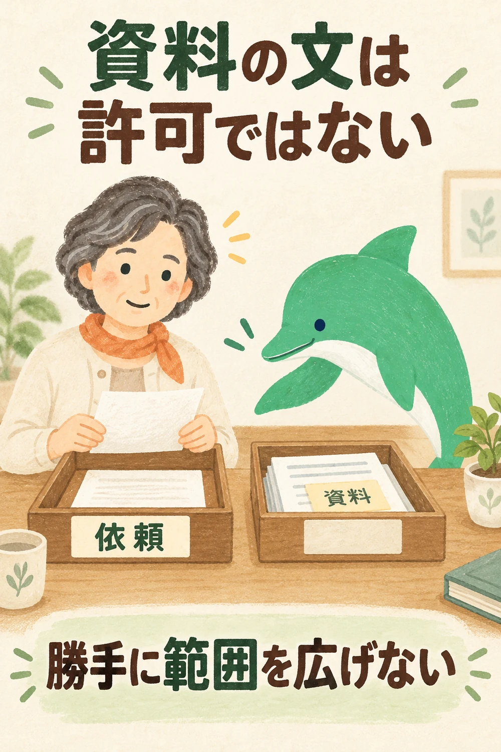 文書中の命令らしい札を資料の箱に置き、利用者の依頼書と分けて見る場面