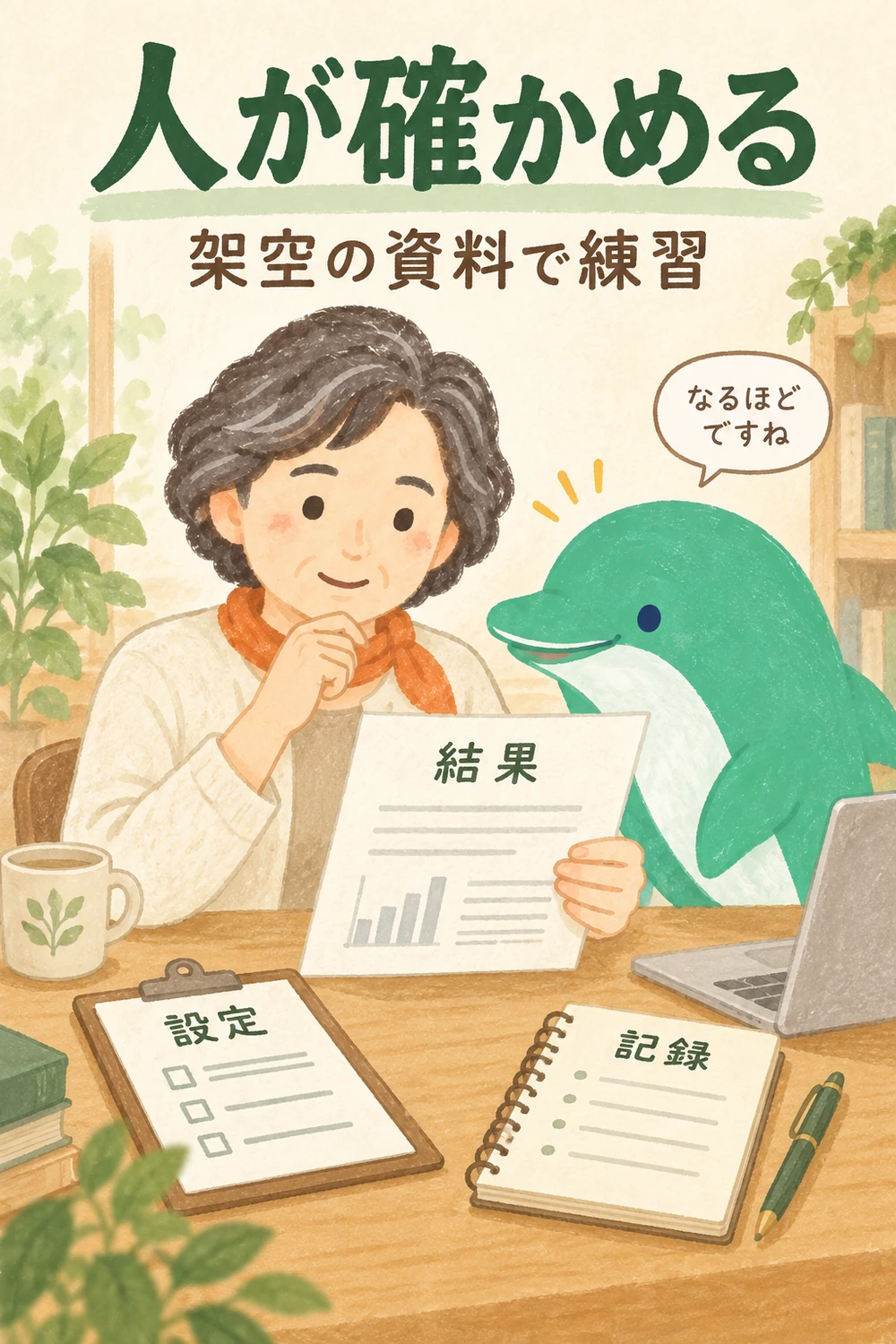 架空の練習資料で設定と記録を確認し、AIの返答だけに頼らない女性とイルカ