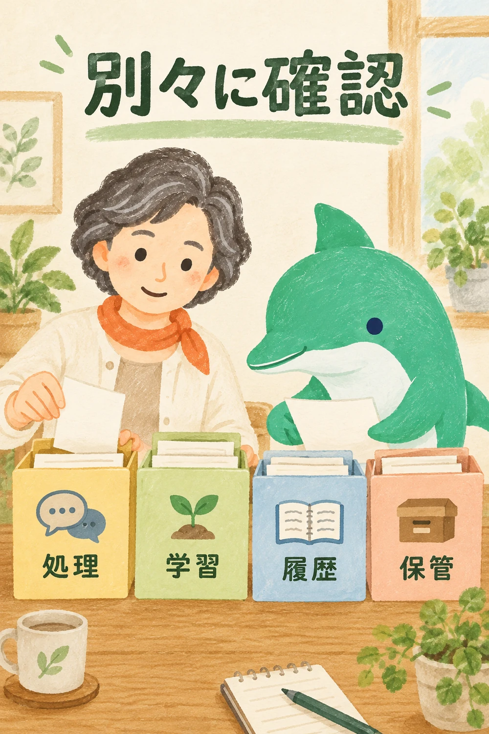 処理・学習・履歴・保管を別々の札で確かめる女性と緑のイルカ