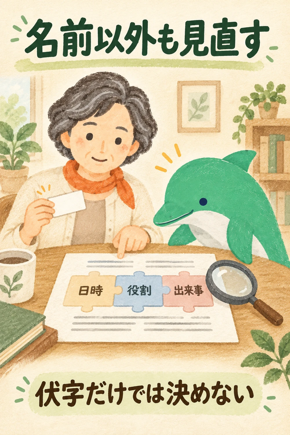 名前の札を外しても日時・役割・出来事の札が残っていることを確認する場面