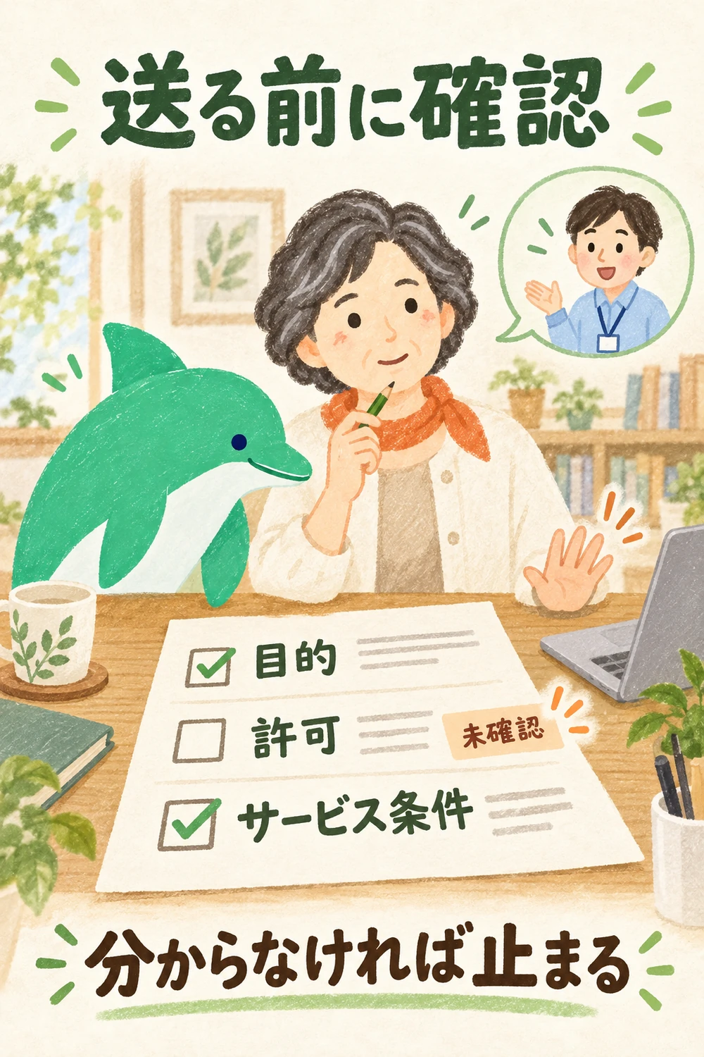目的・許可・サービス条件の三つを紙で確かめ、未確認の欄で止まる女性とイルカ