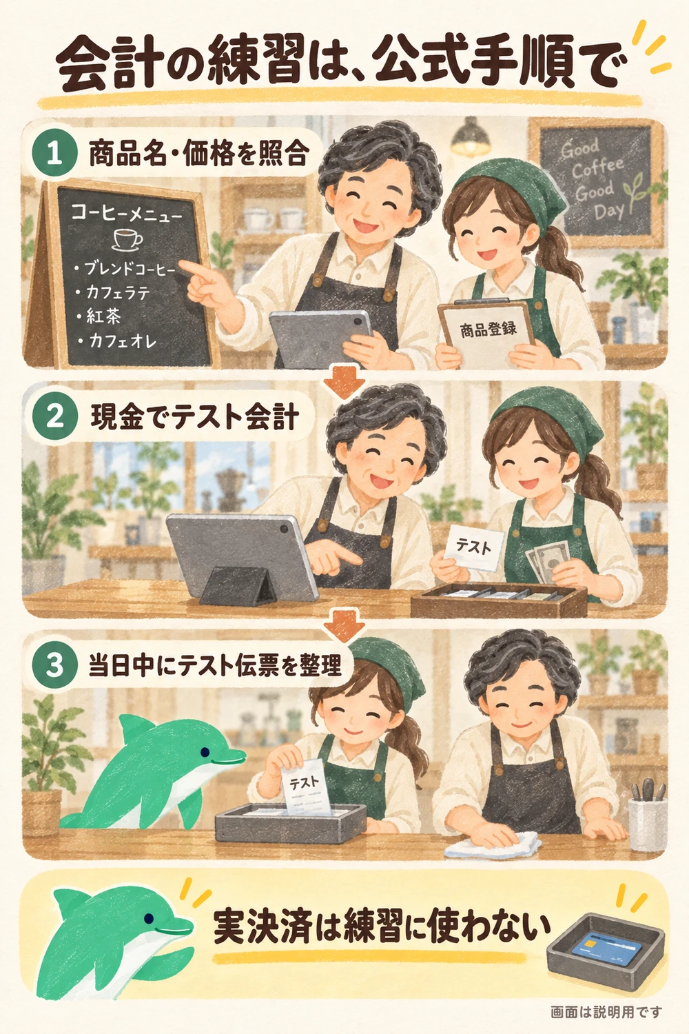 商品名と価格を照合し、公式手順の現金テスト会計を行い、当日中にテスト伝票を整理する準備の場面。実決済は練習に使わない。