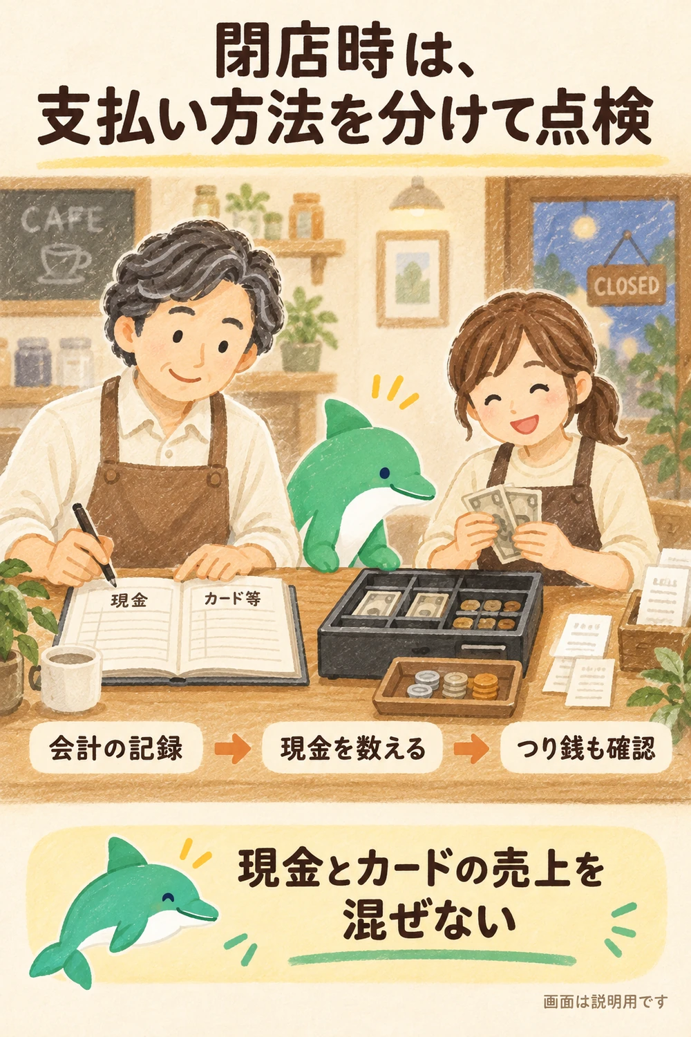 閉店時に支払い方法ごとの会計記録を読み、現金を数え、つり銭準備金も確認する通常の点検場面。