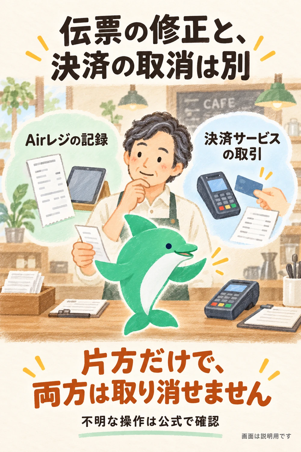 Airレジの会計伝票と決済サービスの取引記録は別で、片方の修正だけではもう片方を取り消せないことを示す図。