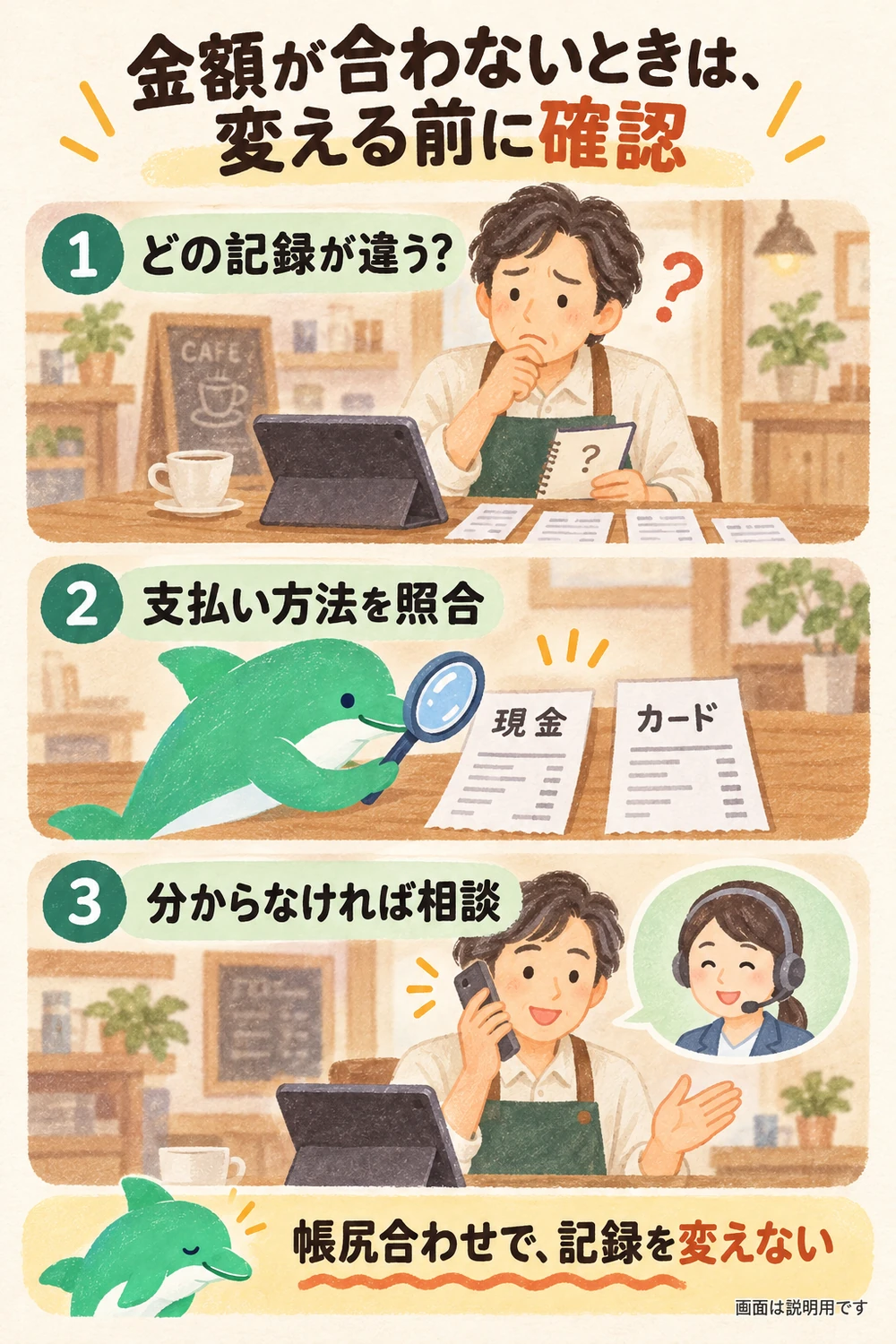 金額の食い違いに気づいたら記録を変更せず、どの記録かと支払い方法を照合して相談する場面。