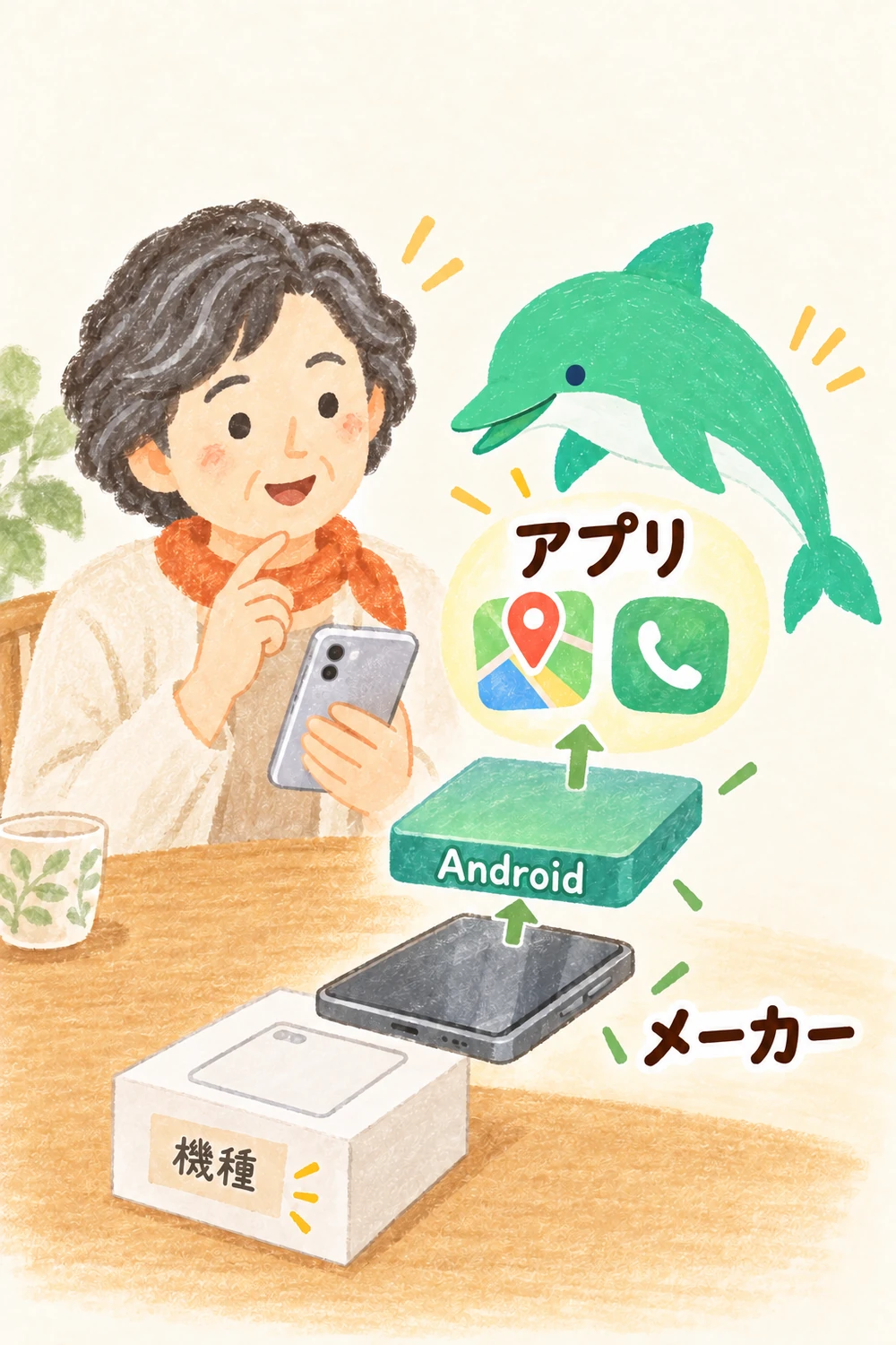 スマホを作った会社、製品名、Androidの基本ソフト、アプリの関係を分けて見る図