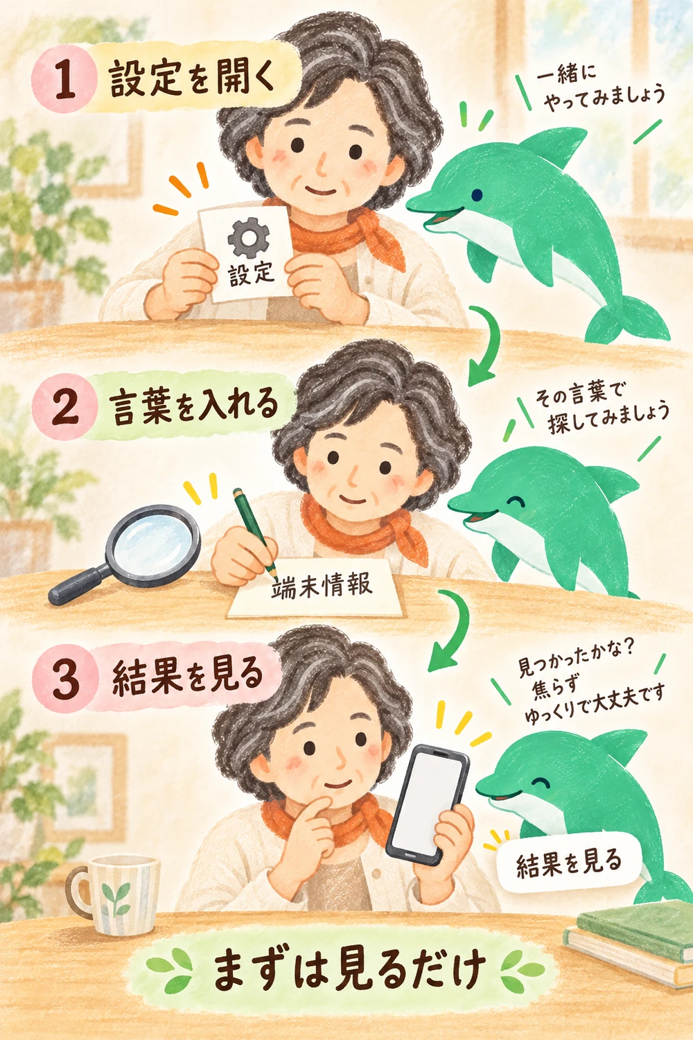 設定を開いて探したい言葉を入れ、結果の名前を確認する手順