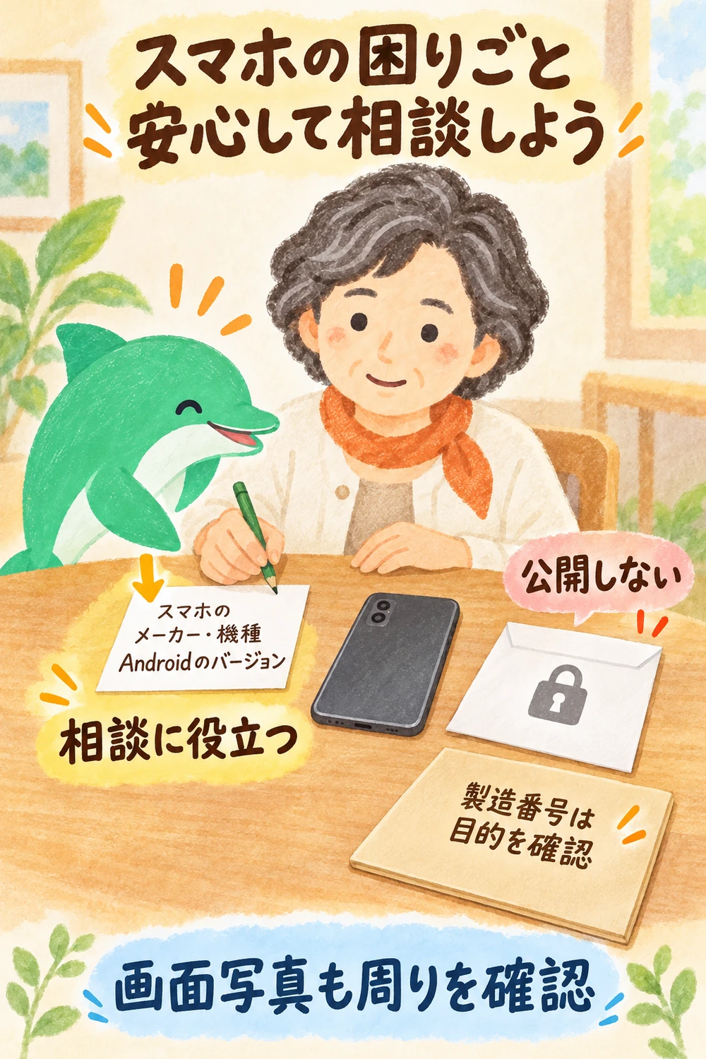相談時に共有する機種名と、共有してはいけない認証情報の区別図。
