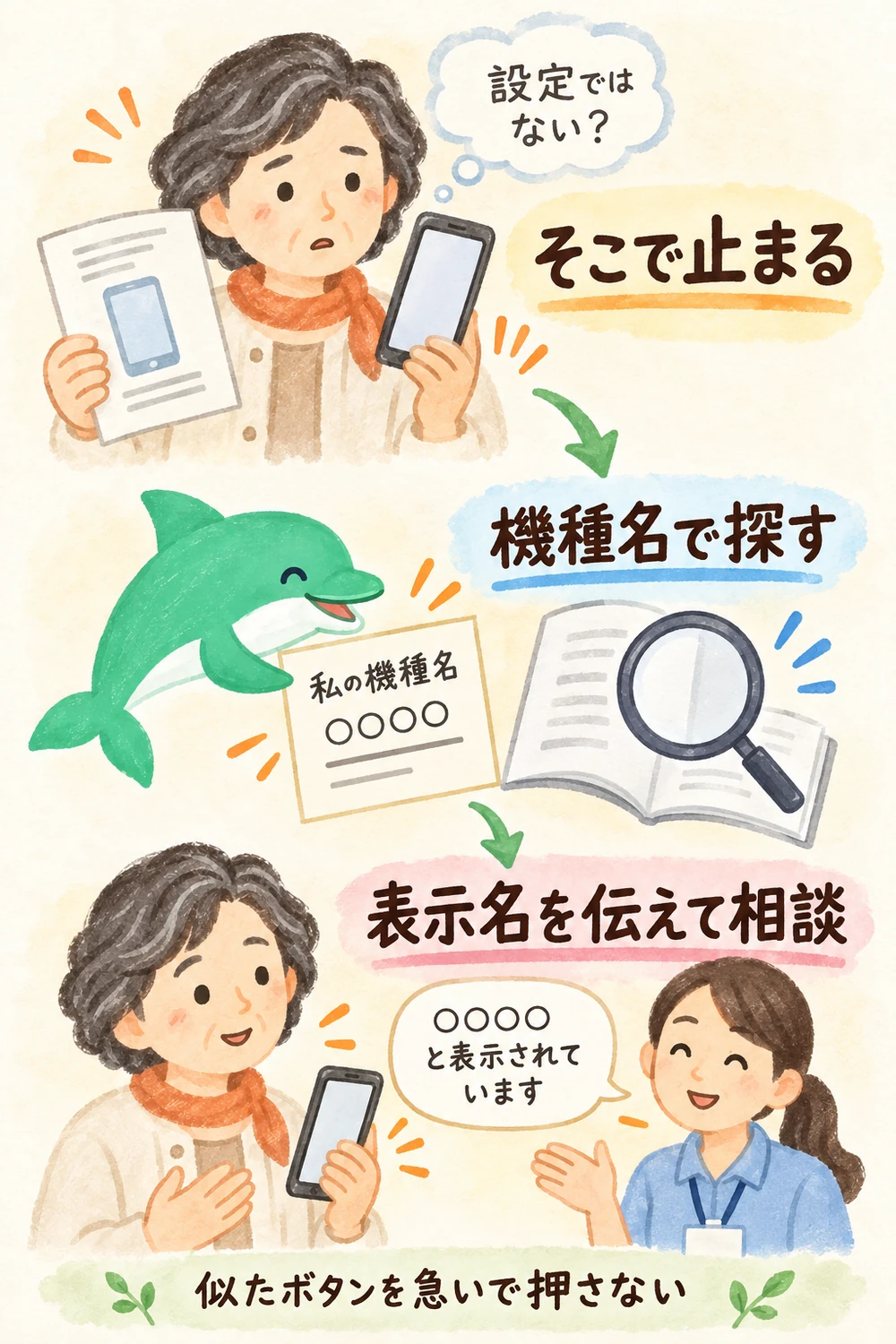 説明画面と違ったときに停止して検索・確認・相談する流れ。
