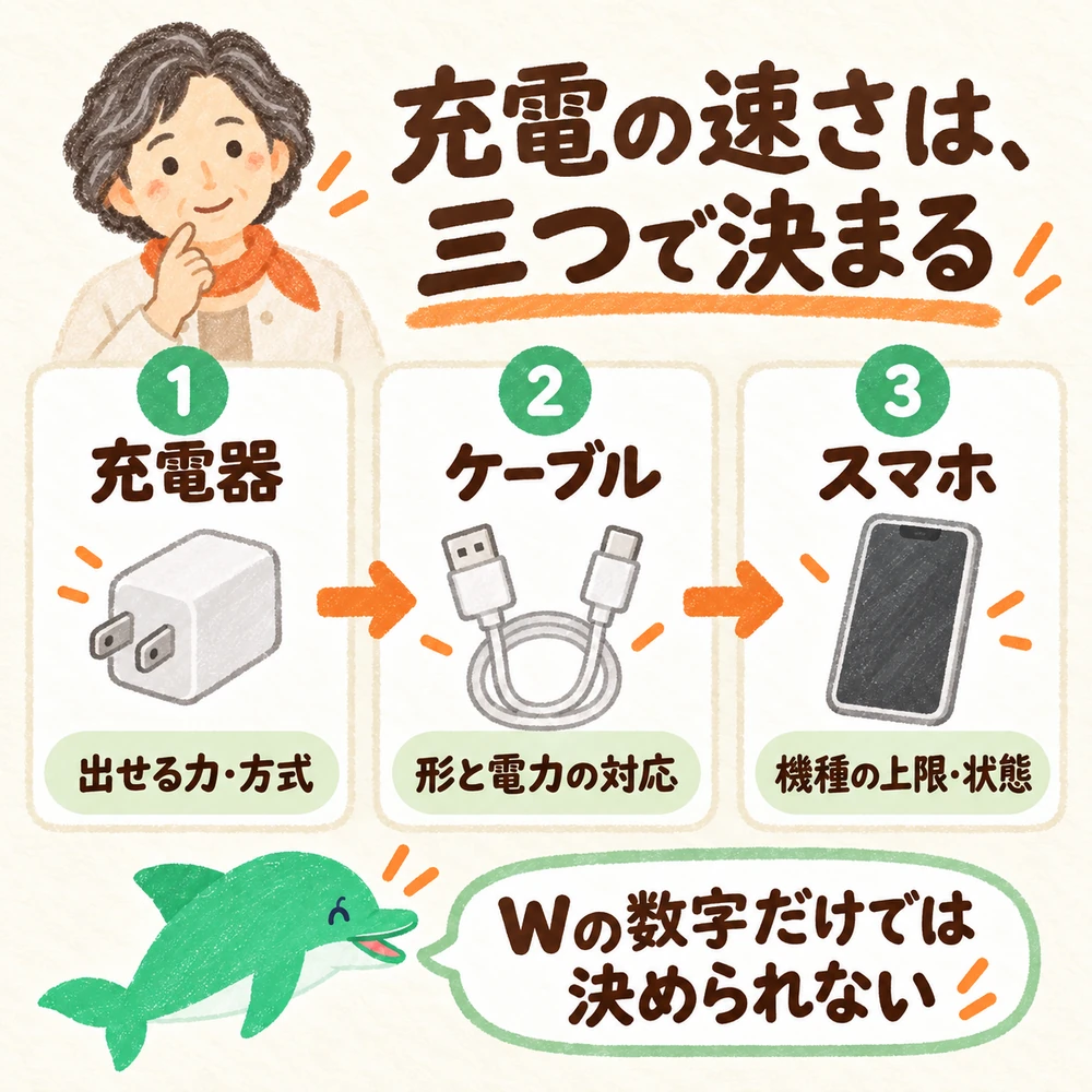 充電器・ケーブル・スマホの3つが対応する範囲で充電される関係図