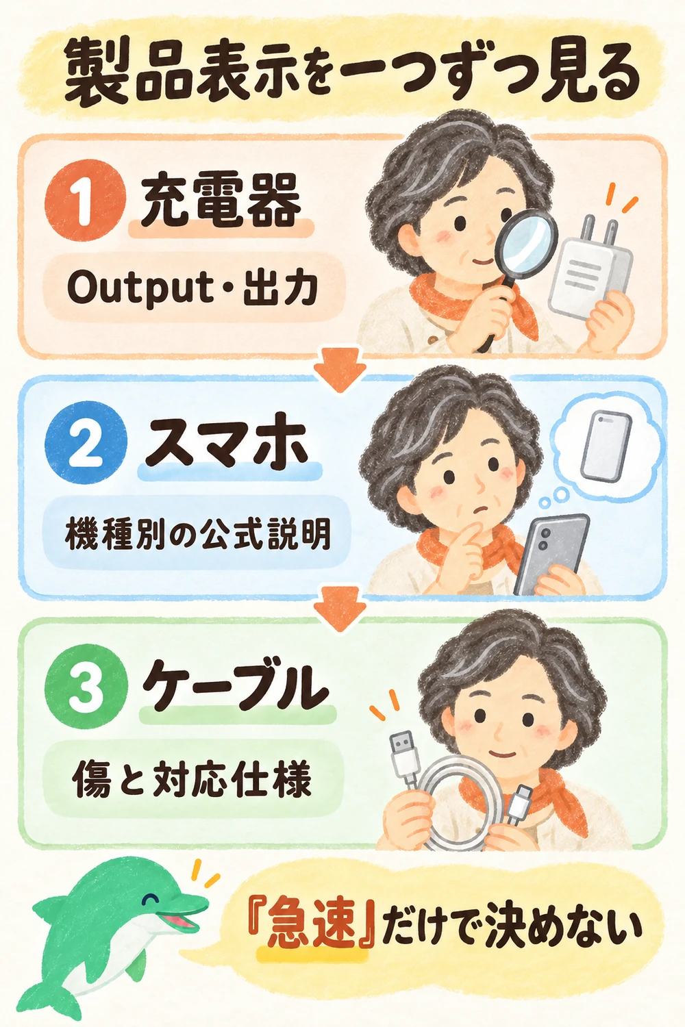 充電器の出力、ケーブルの対応、端末の上限を一つずつ照合する図