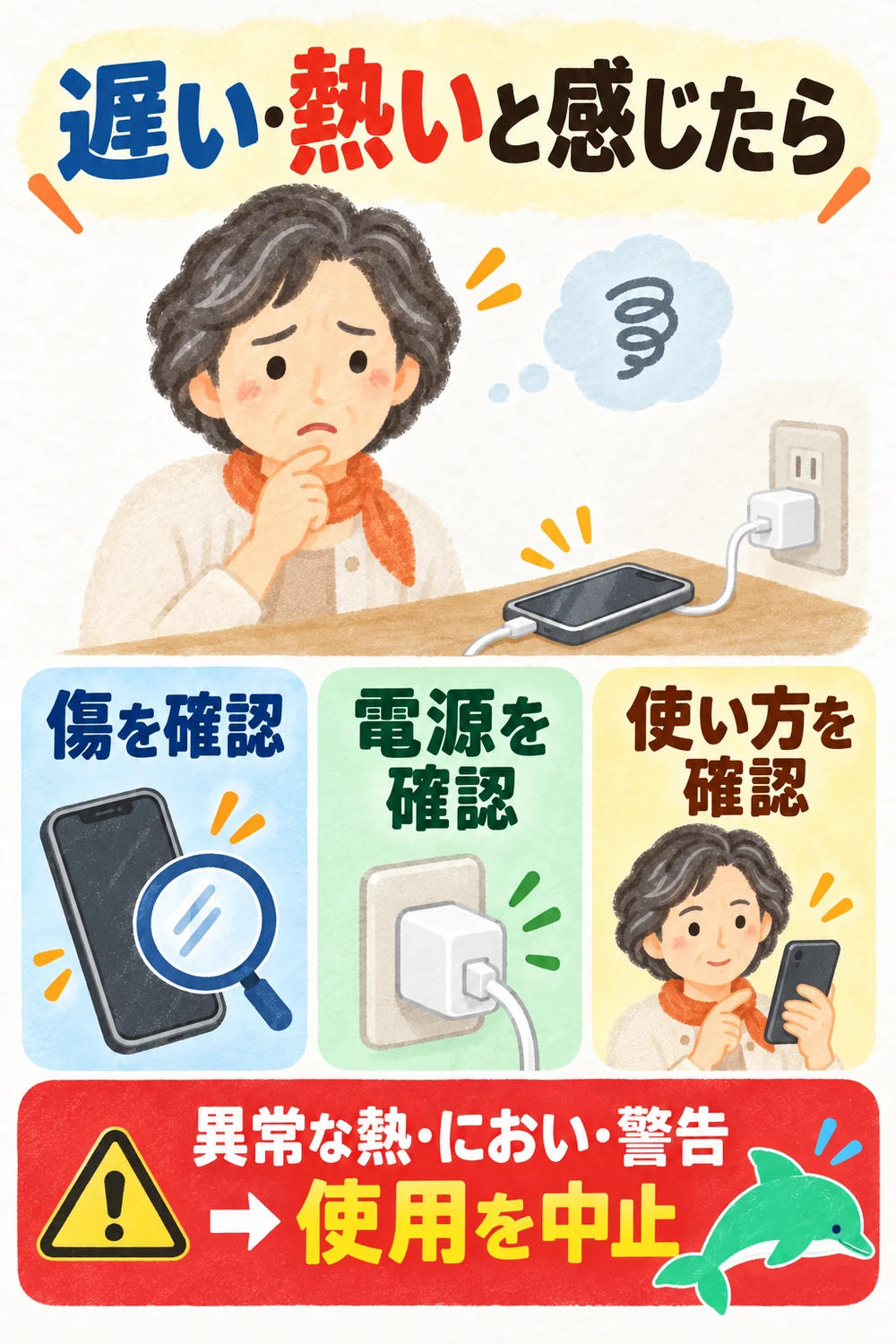 充電中に異常な熱やにおいがあれば使用を止める図。