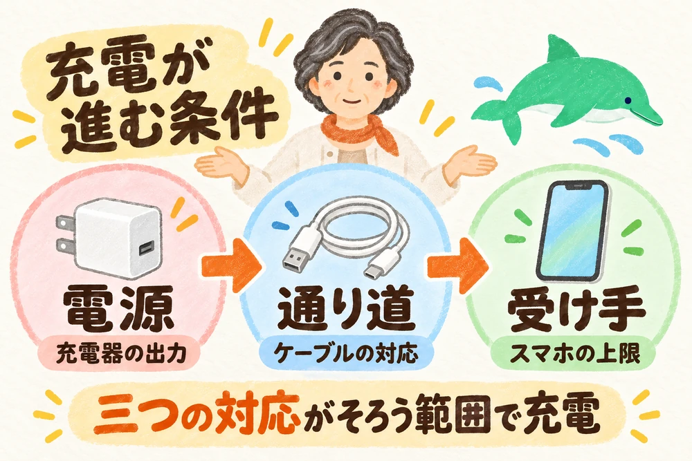 充電器・ケーブル・スマホの対応条件を順に確認する図。