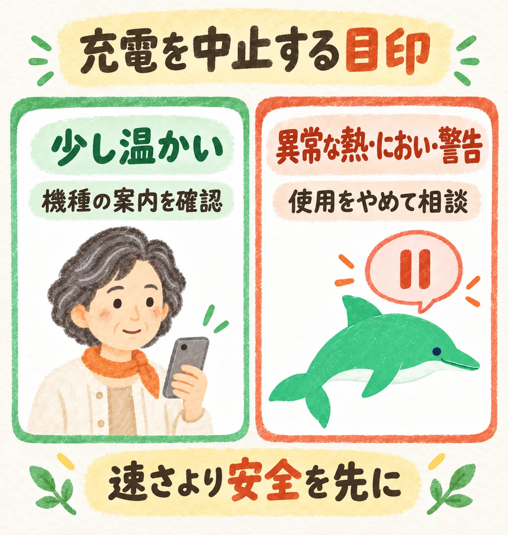 少し温かい場合と異常な熱・におい・警告を区別し、異常時は使用をやめて相談する図。