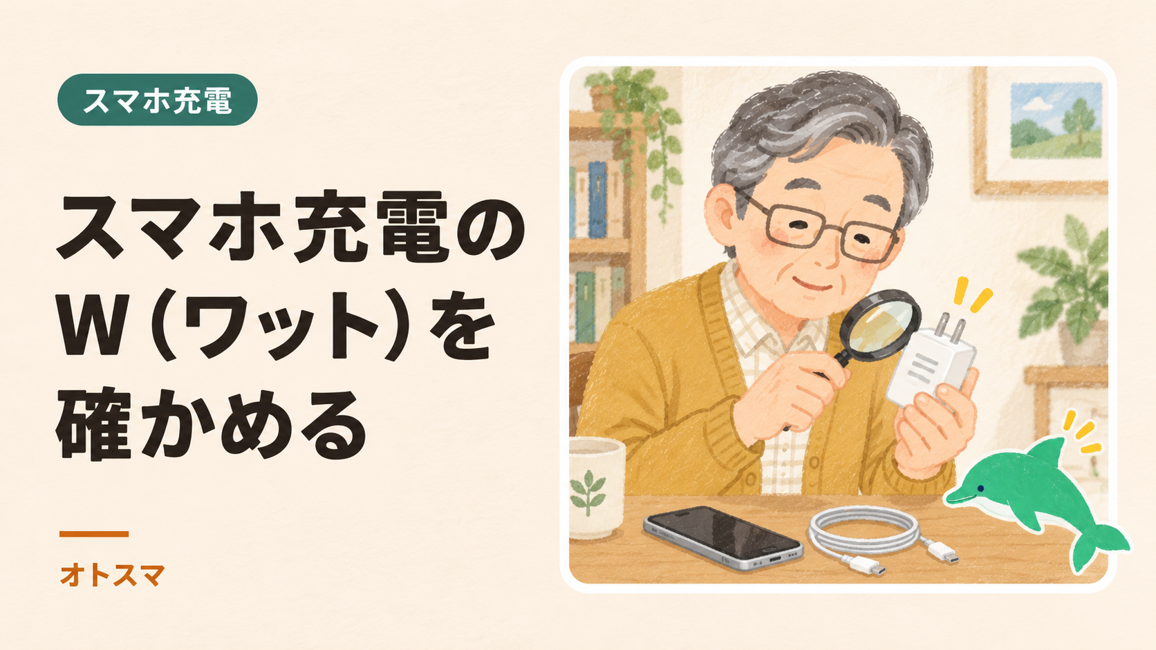 充電器のW(ワット)って何?スマホ・ケーブルと速さの見方を説明する表紙イラスト。
