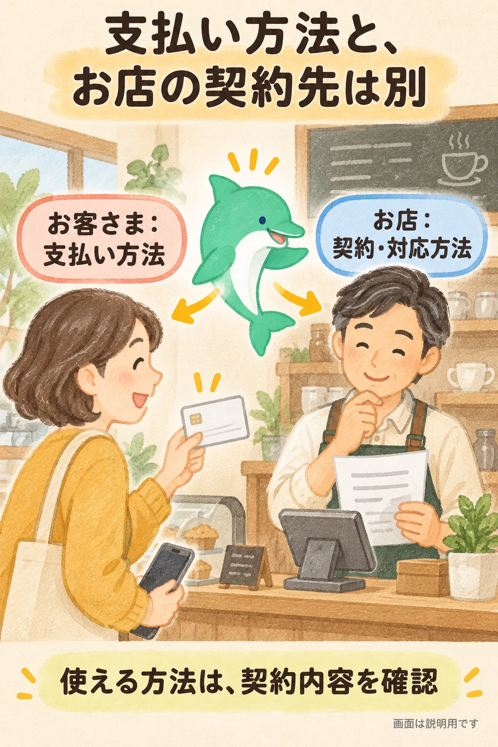 お客さまが選ぶ支払い方法と、お店が契約して対応する決済サービスを分けたカフェの場面。