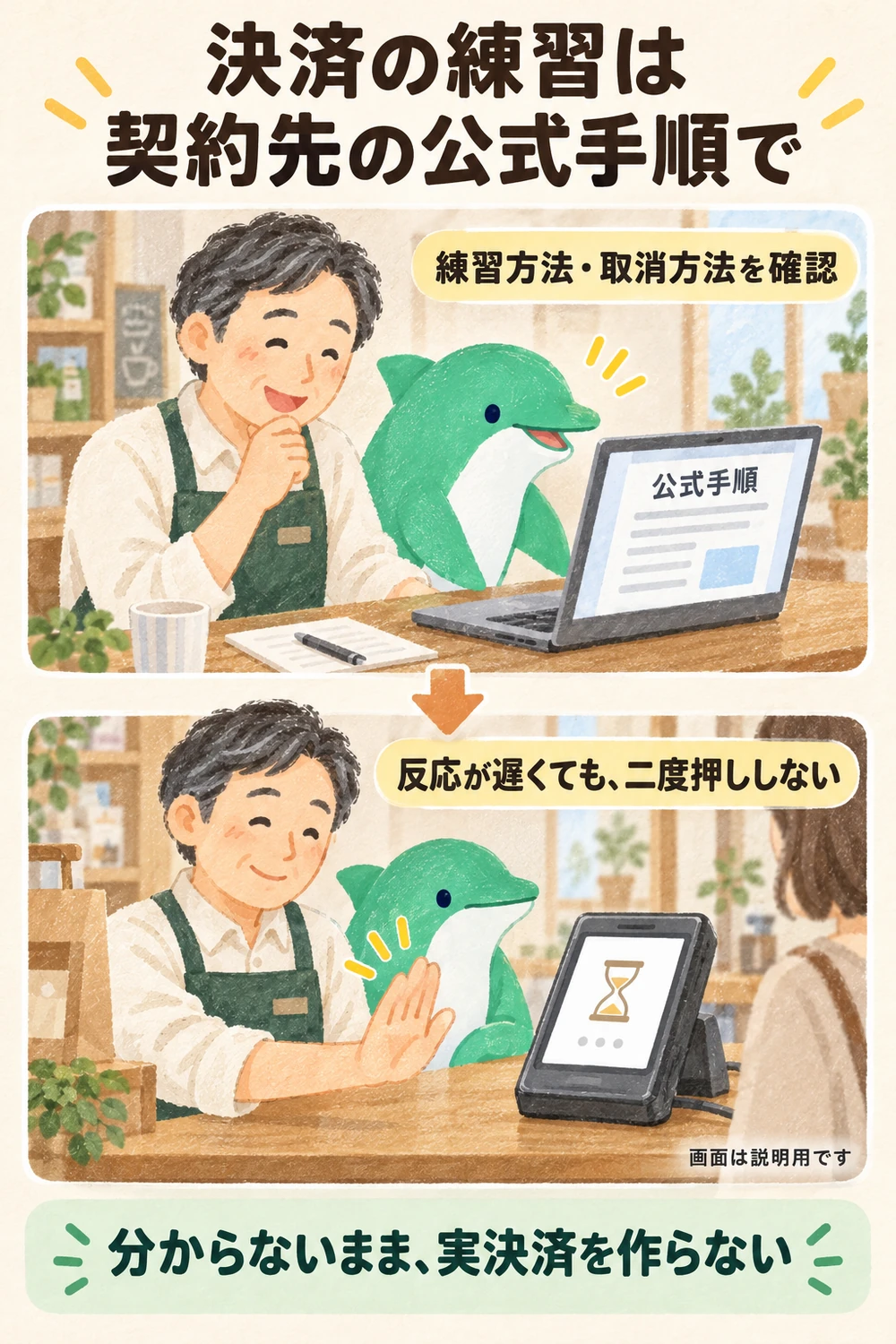 決済の練習方法と取消方法を公式手順で確認し、端末の反応が遅くても繰り返し操作しない店員の場面。
