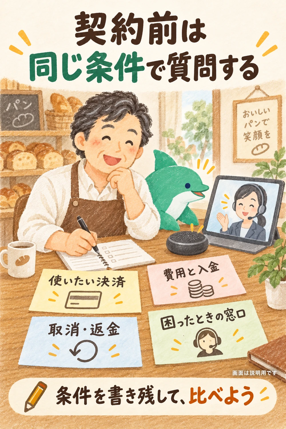 お店の担当者が、使いたい決済、費用と入金、取消と返金、困ったときの窓口を同じ条件で問い合わせる場面。