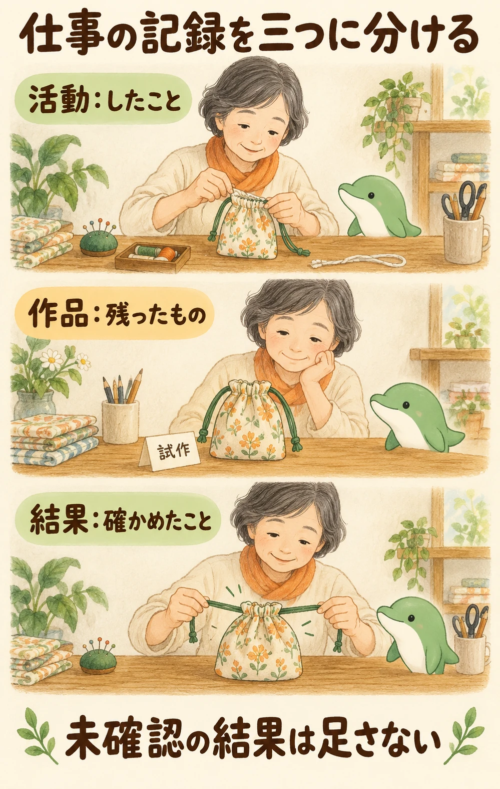 同じ巾着の制作を、ひも通し口を直す活動、残った試作品、ひもを引いて確かめる結果の三つに分ける。未確認の結果は足さない。