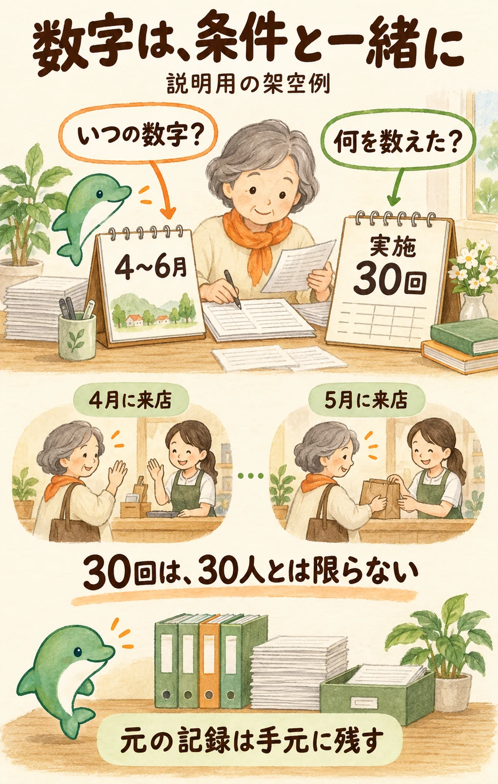 架空の例で、4〜6月の実施30回という記録に期間と数え方を添える。同じ人の複数回来店を含む場合、30回は30人とは限らない。