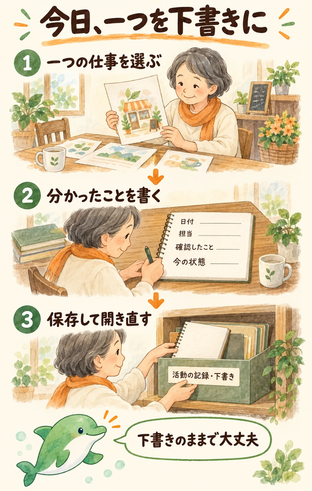 一つの仕事を選び、日付・担当・確認したこと・今の状態を下書きに書き、保存して後から開き直す三段階。