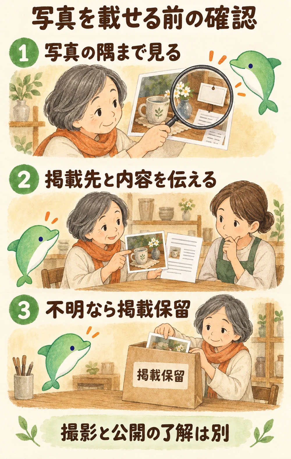 写真の隅まで写り込みを確認し、掲載先と内容を相手に伝える。返事や掲載できる範囲が不明なら掲載保留にする。