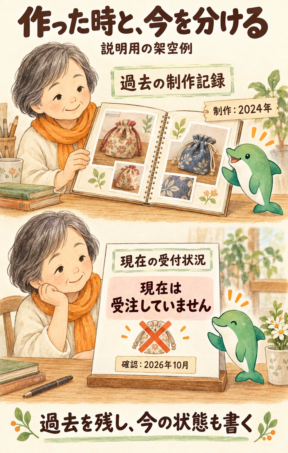 架空の制作例。2024年の巾着の制作記録を残し、現在は受注していないことを2026年10月の確認日とともに別に示す。