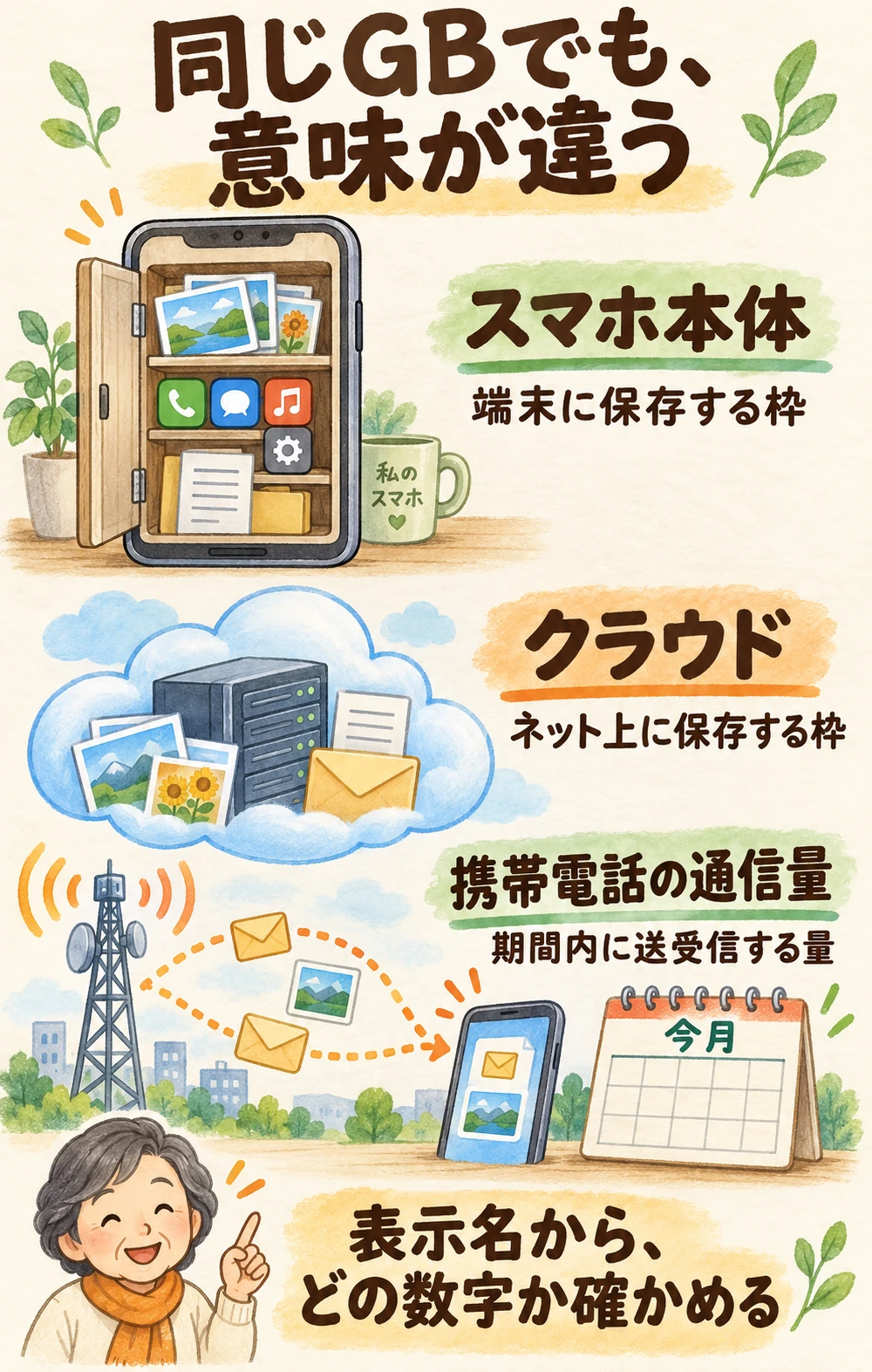 同じGBでも、スマホ本体に保存する枠、クラウドに保存する枠、携帯電話で期間内に送受信する量は別と示すイラスト。