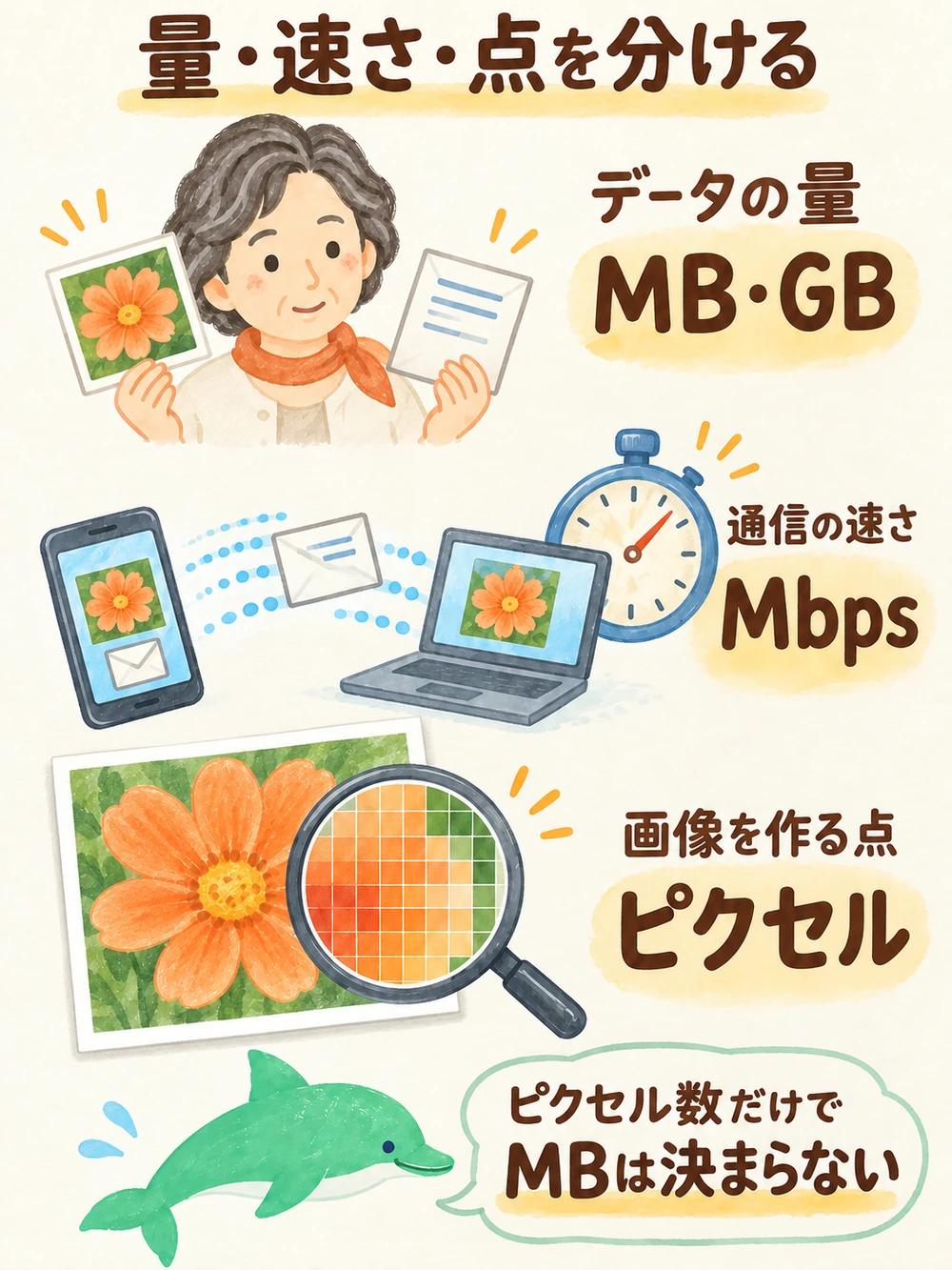 データ容量・通信速度・画像の画素数は別の尺度だと示す図。