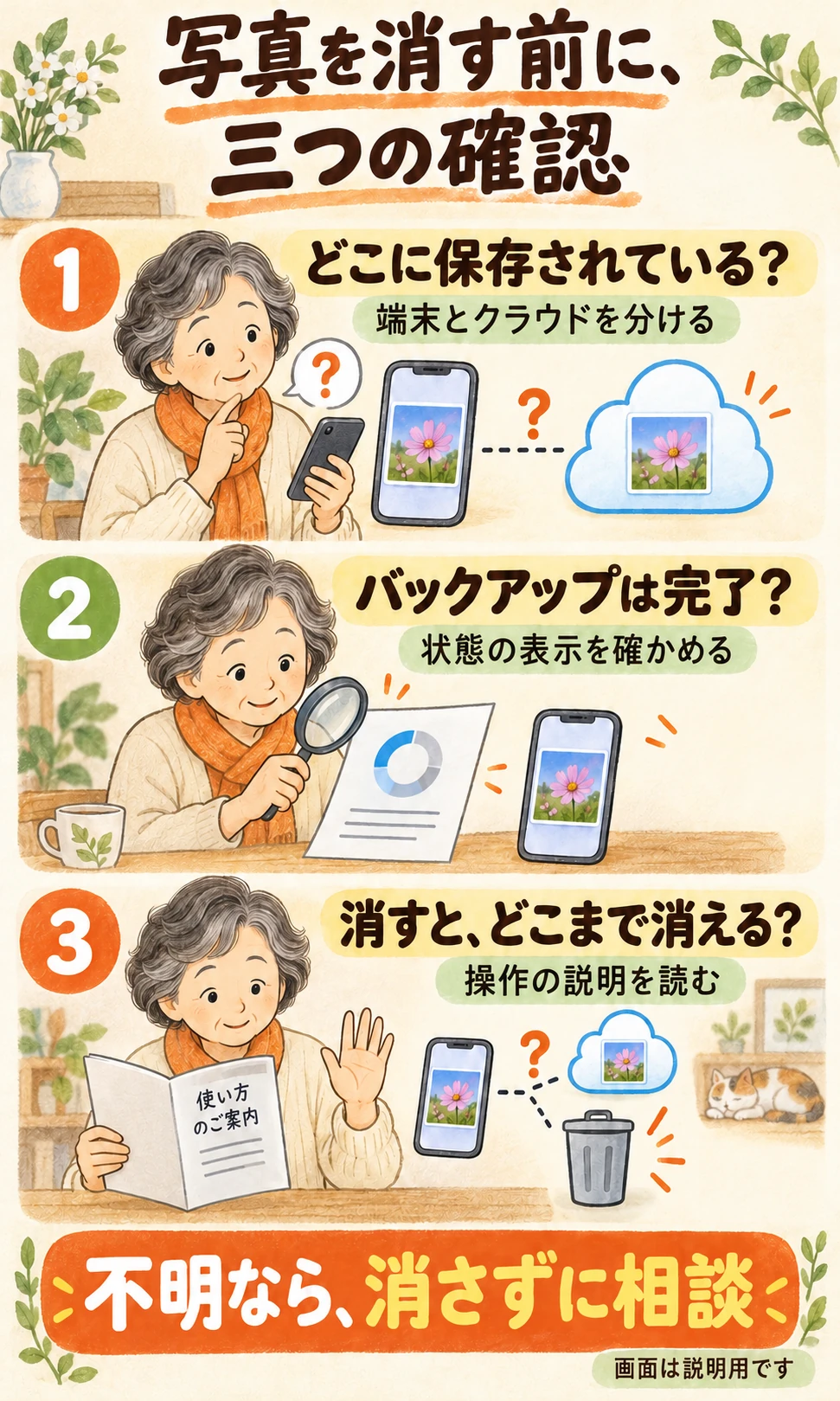 写真を消す前に、端末とクラウドの保存先、バックアップの完了、削除するとどこまで消えるかを確認する三場面。不明なら消さずに相談する。