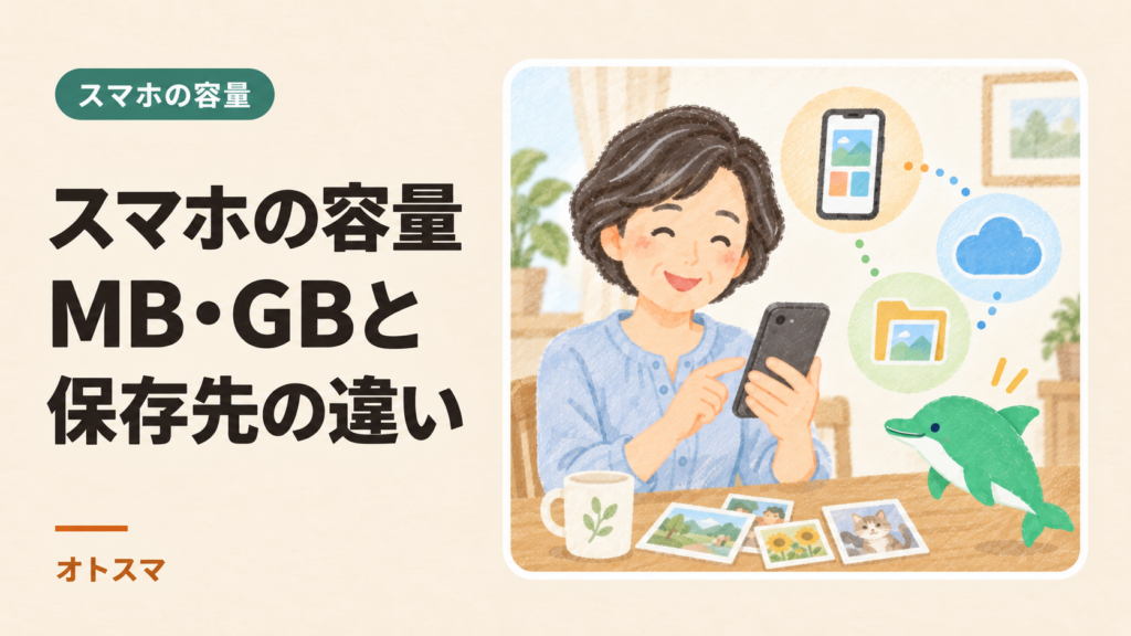 容量って何？MB・GBと写真・メールの保存先を分けて考えるを説明する表紙イラスト。